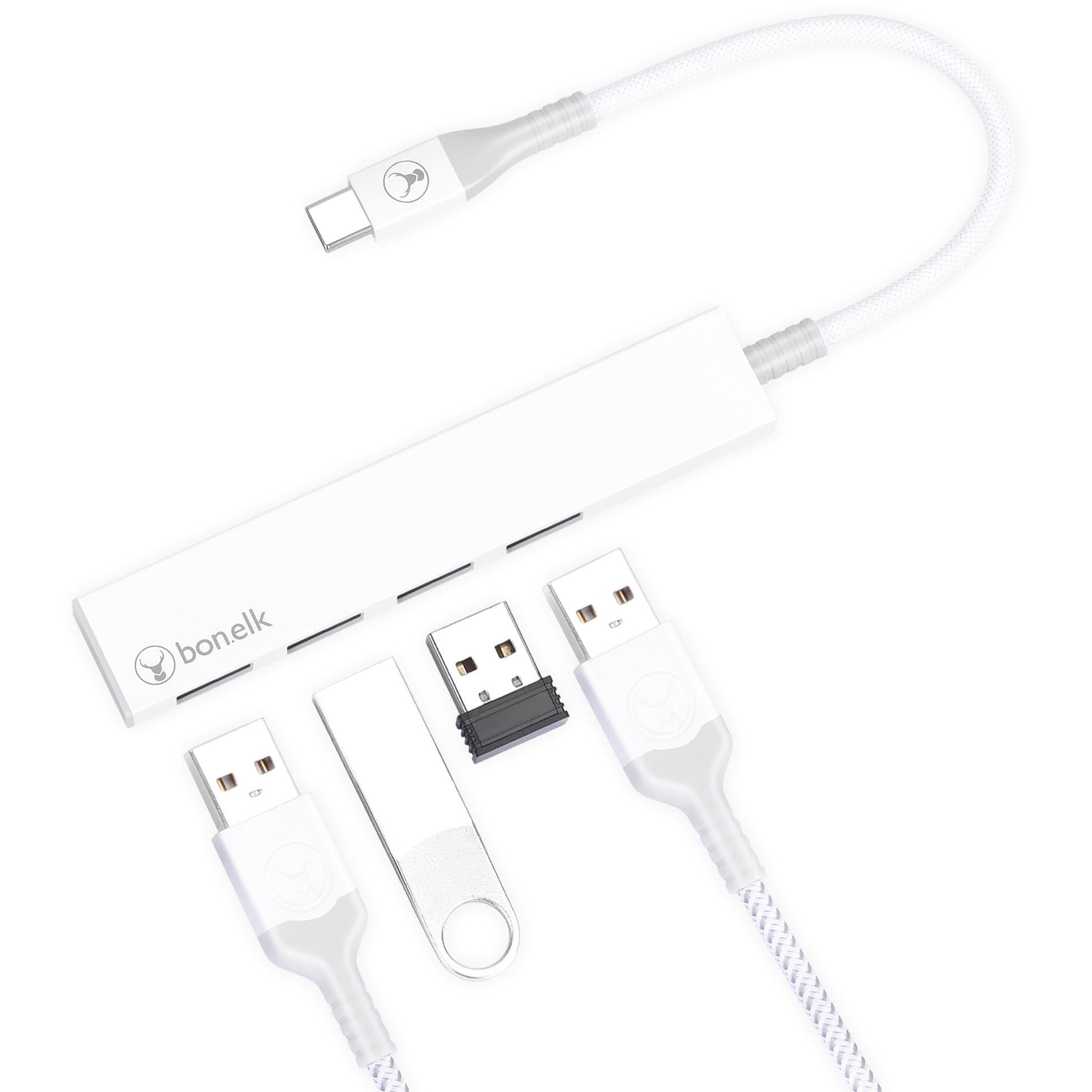 Bonelk Long-Life USB-C to 4 Port USB 3.0 Slim Hub (White)