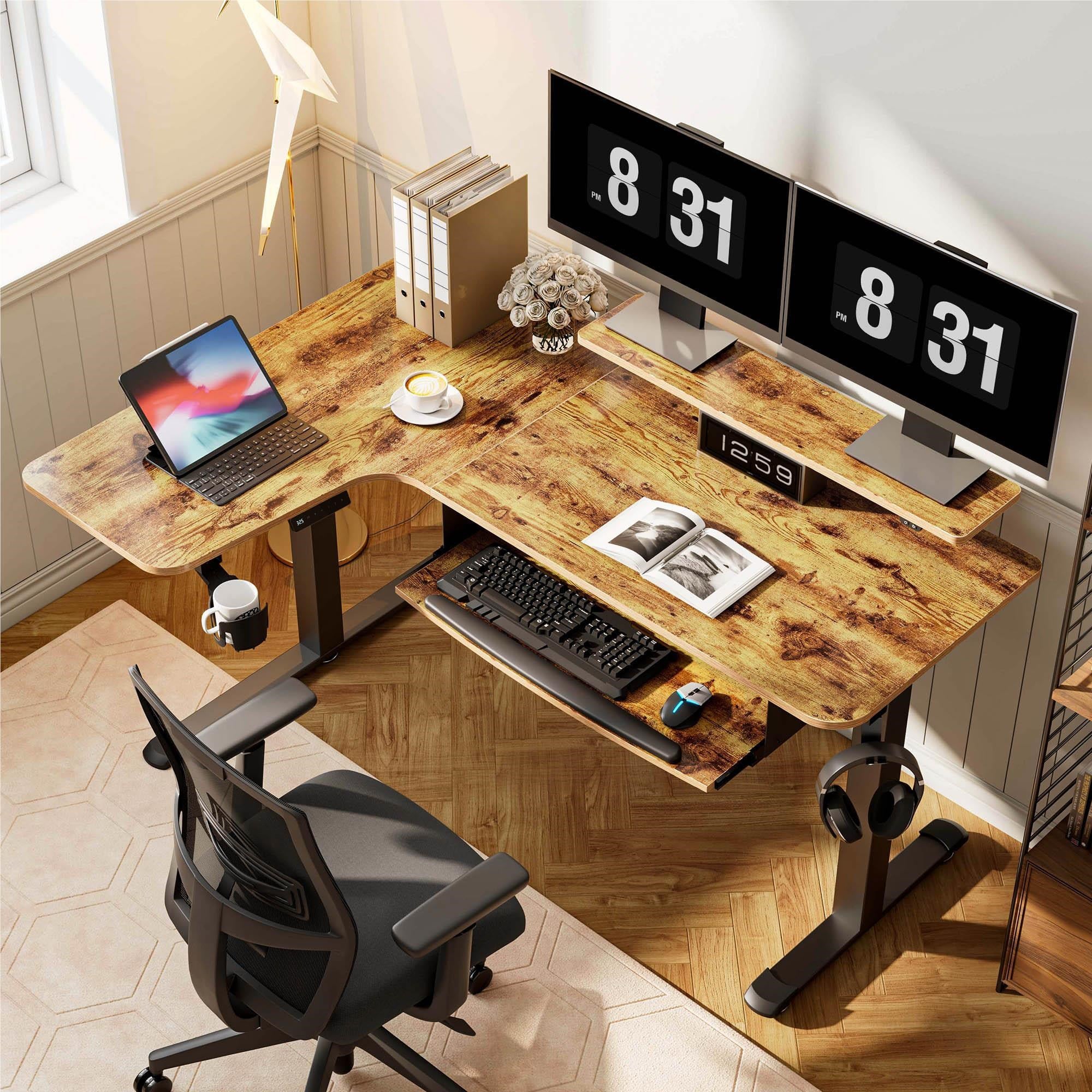 Eureka 60' L Shaped Electric Standing Rustic Brown Office Desk (Left Side)