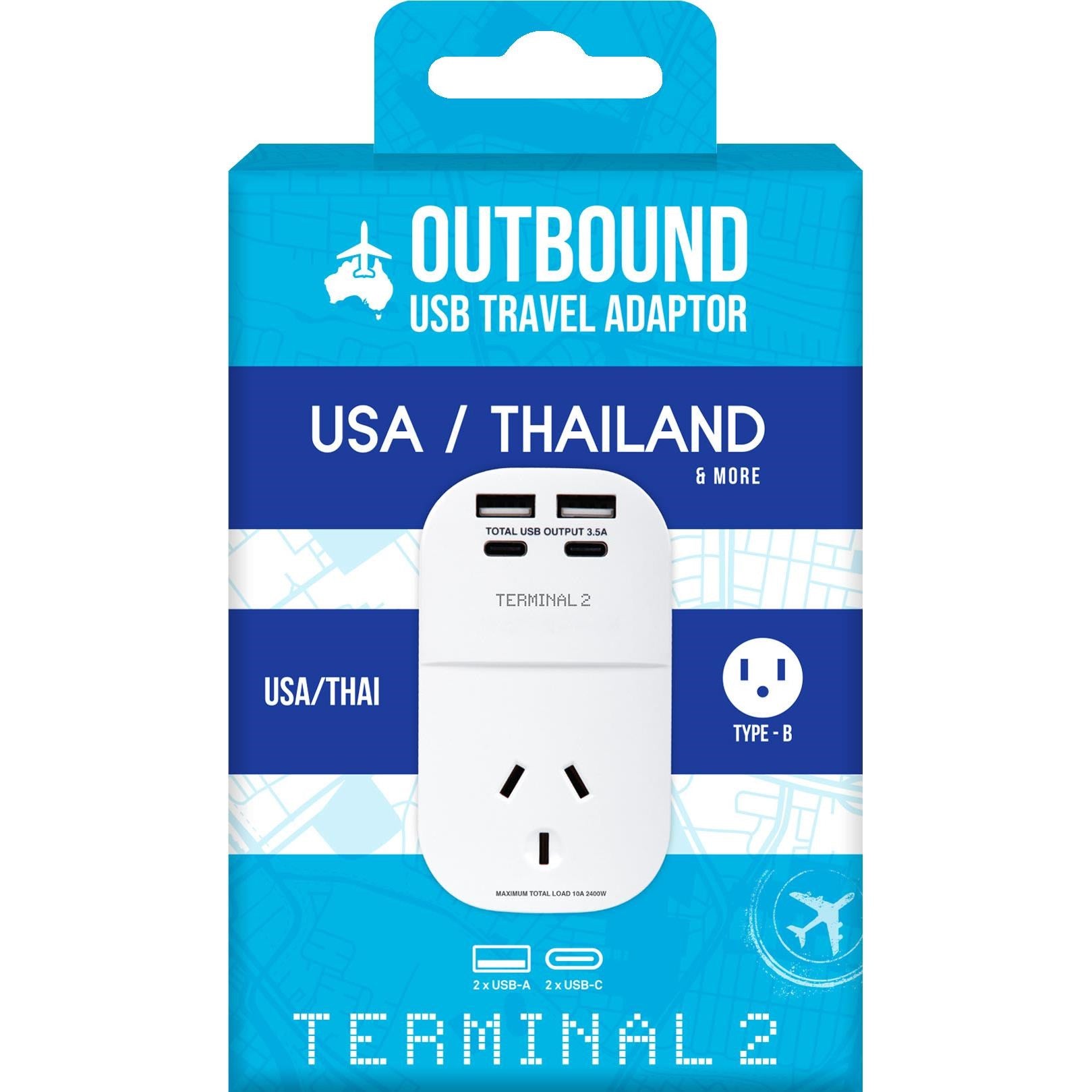 Terminal 2 Outbound Travel Adaptor with 4 USB Ports for America. Canada & More