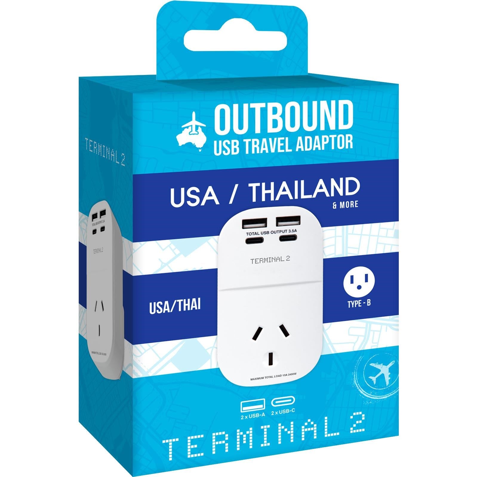 Terminal 2 Outbound Travel Adaptor with 4 USB Ports for America. Canada & More