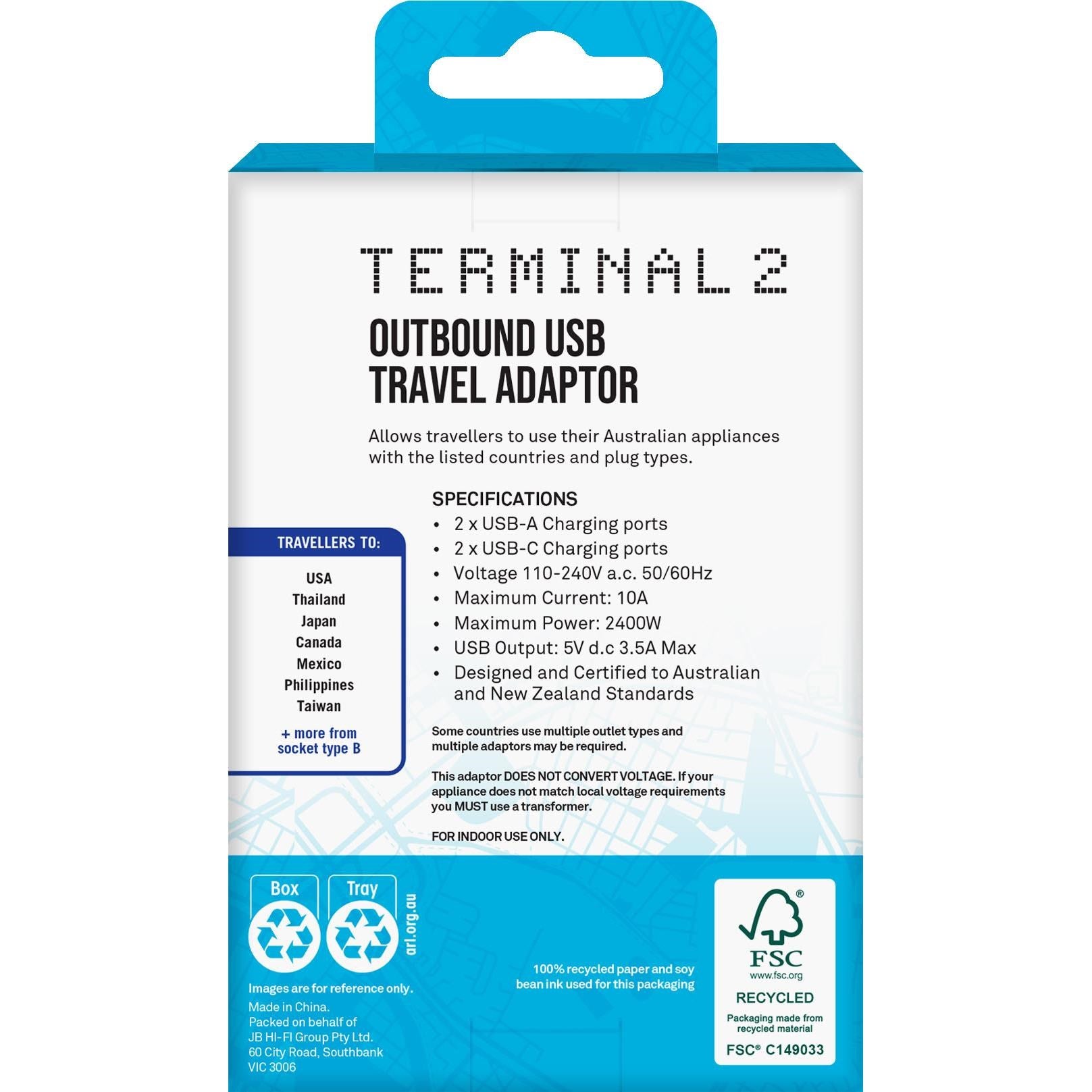 Terminal 2 Outbound Travel Adaptor with 4 USB Ports for America. Canada & More