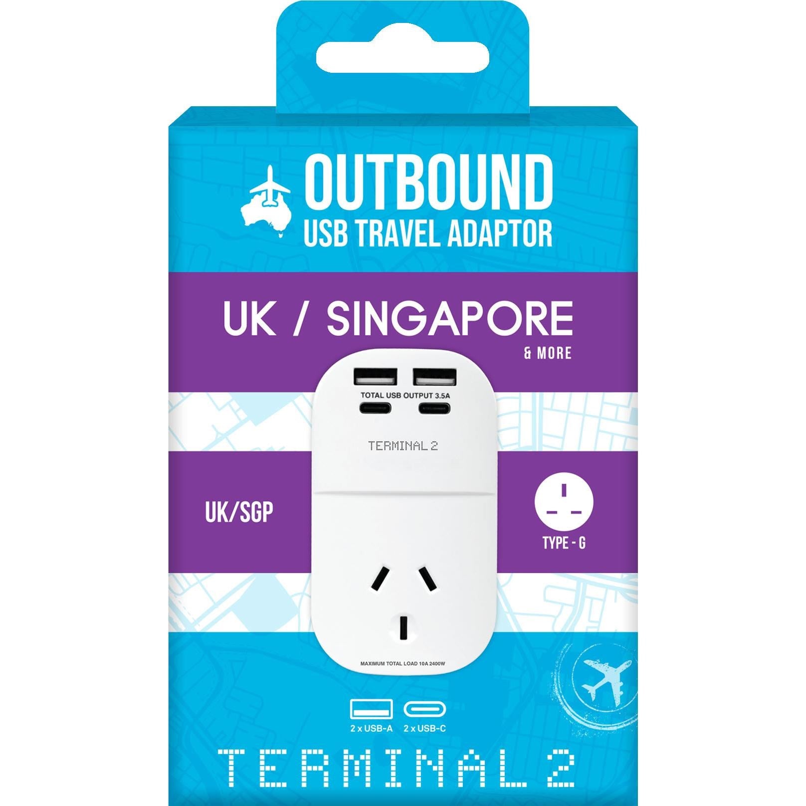 Terminal 2 Outbound Travel Adaptor with 4 USB Ports for UK. Ireland. Hong Kong & More V2