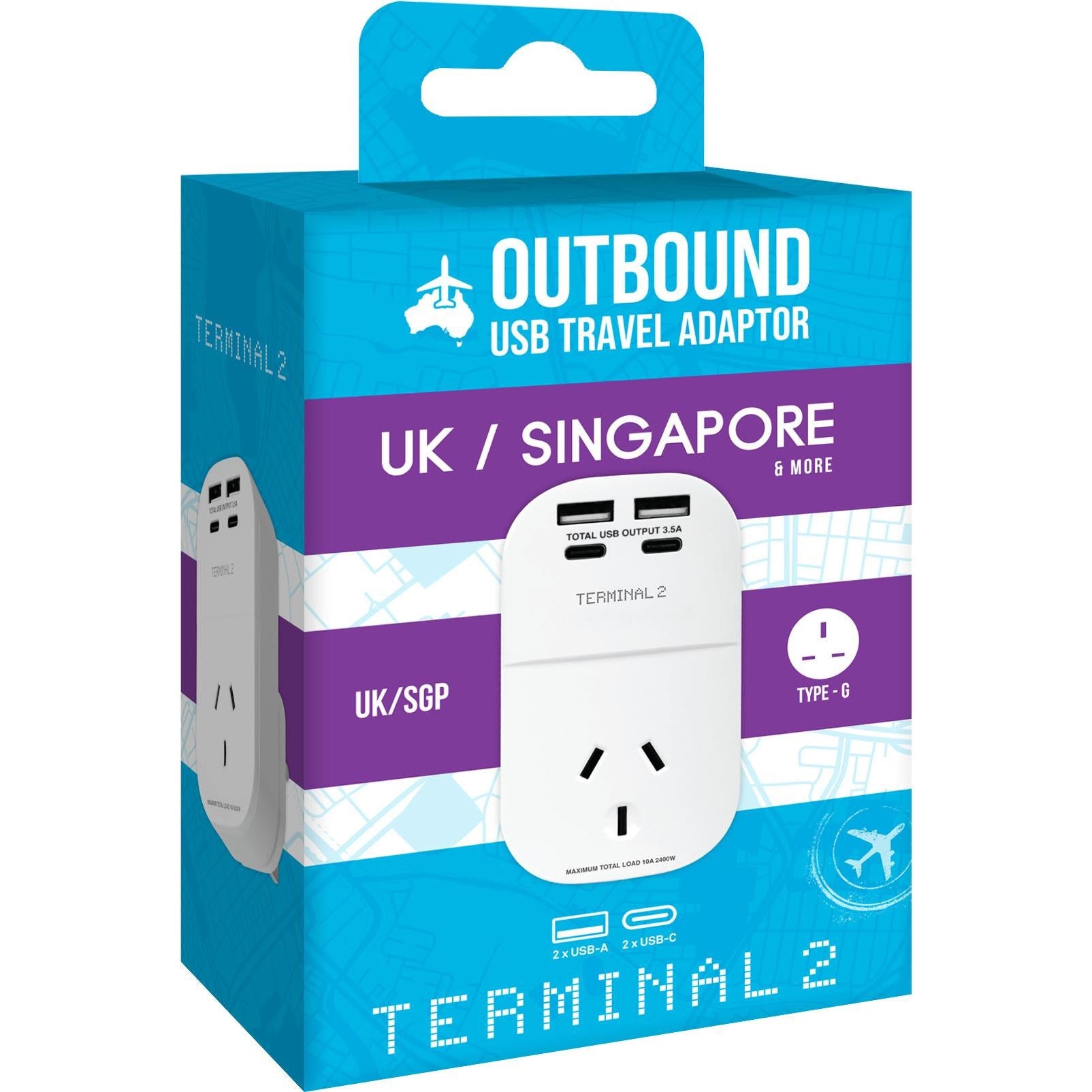 Terminal 2 Outbound Travel Adaptor with 4 USB Ports for UK. Ireland. Hong Kong & More V2