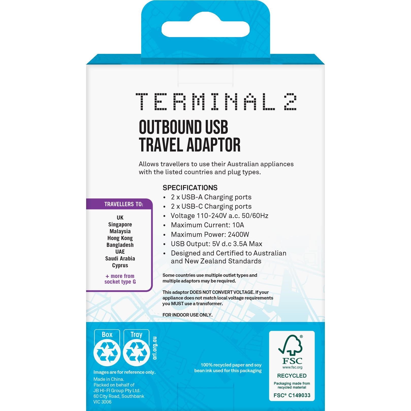 Terminal 2 Outbound Travel Adaptor with 4 USB Ports for UK. Ireland. Hong Kong & More V2