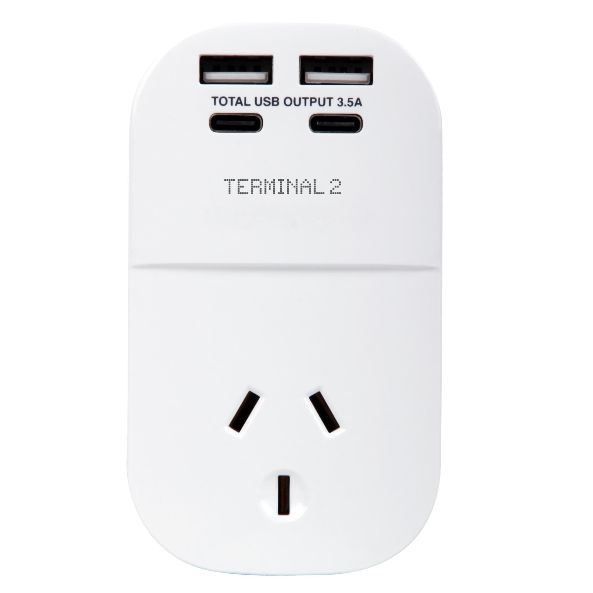 Terminal 2 Outbound Travel Adaptor with 4 USB Ports for Europe, Russia, Vietnam & More
