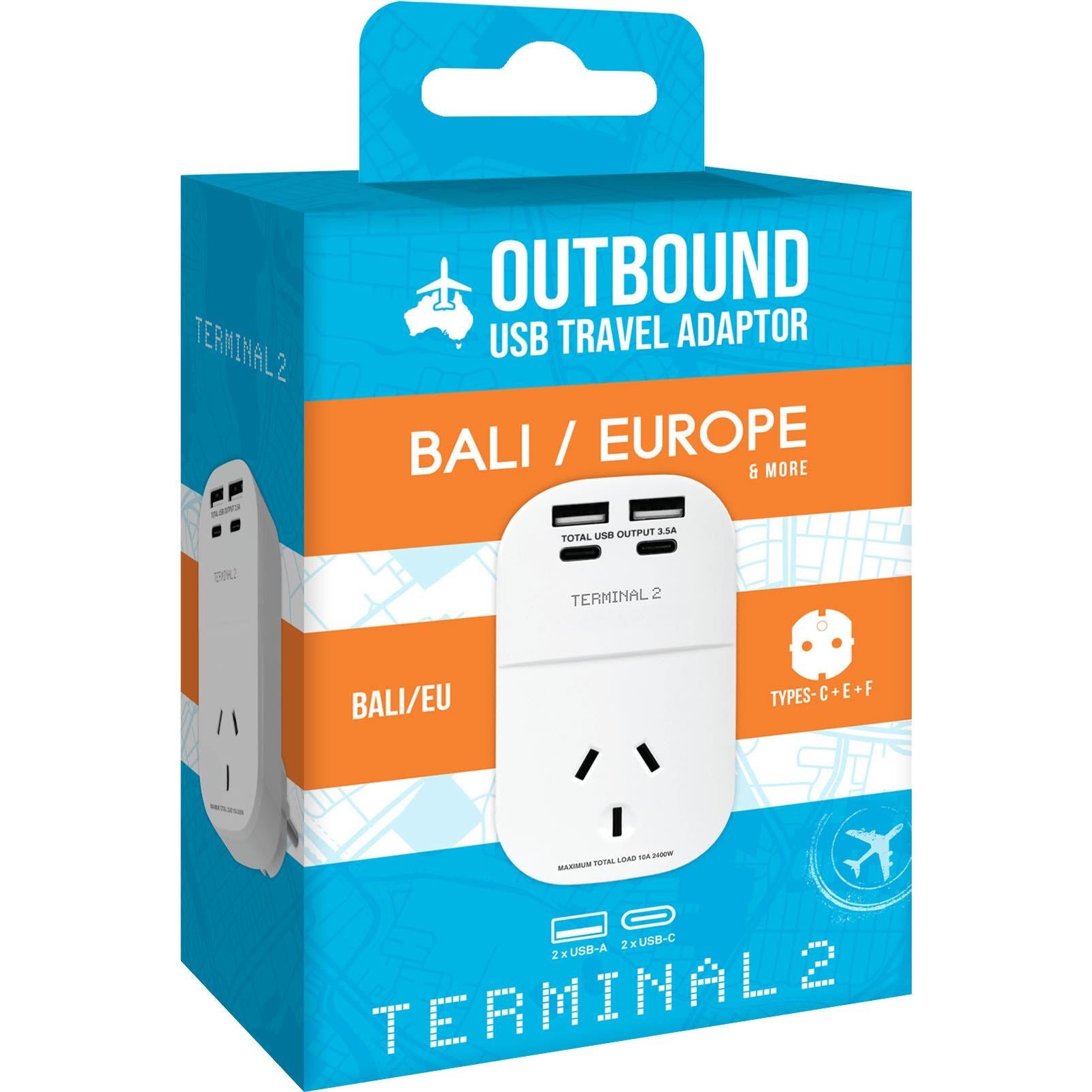 Terminal 2 Outbound Travel Adaptor with 4 USB Ports for Europe. Russia. Vietnam & More