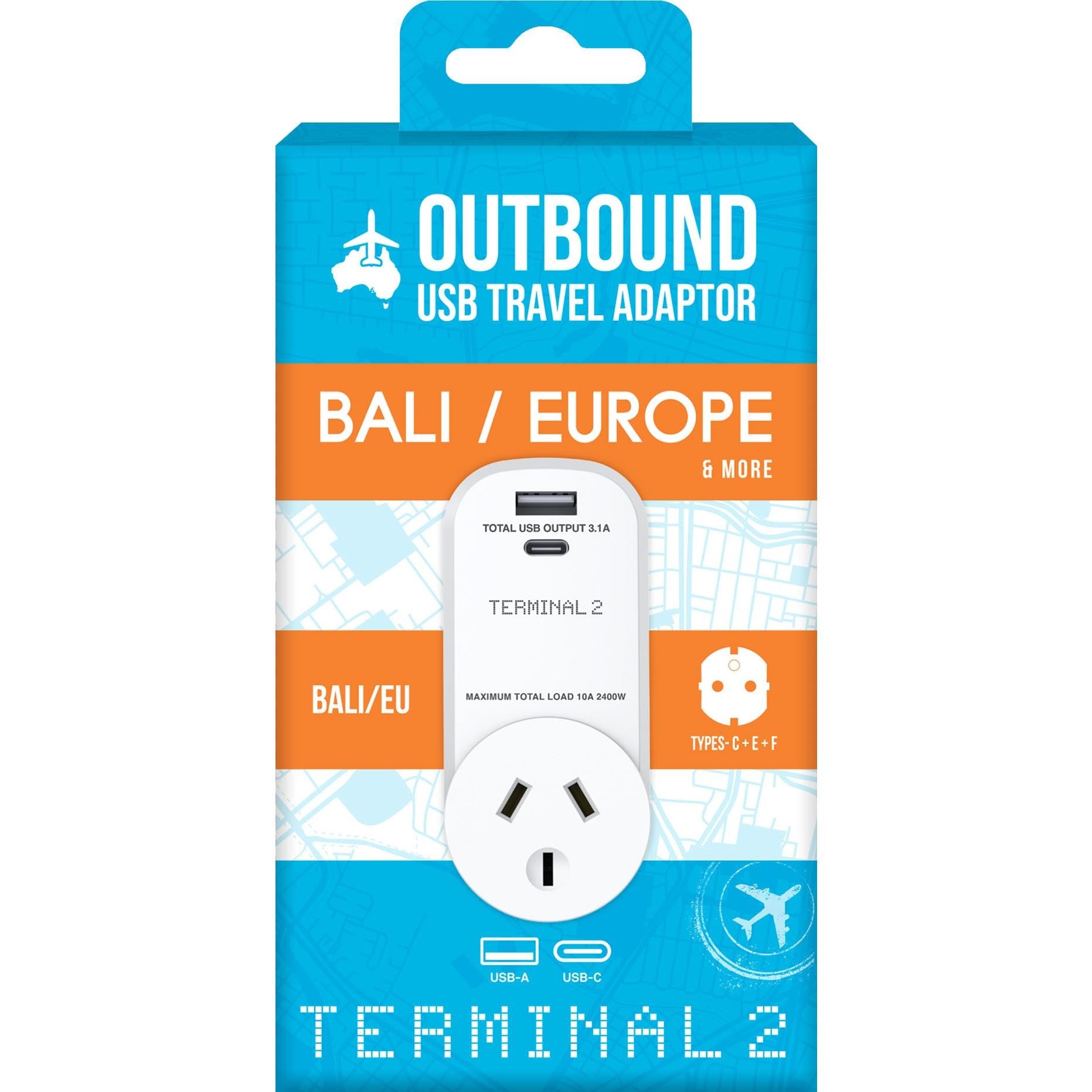 Terminal 2 Outbound Travel Adaptor with 2 USB 3.1 Ports (Europe & Bali)