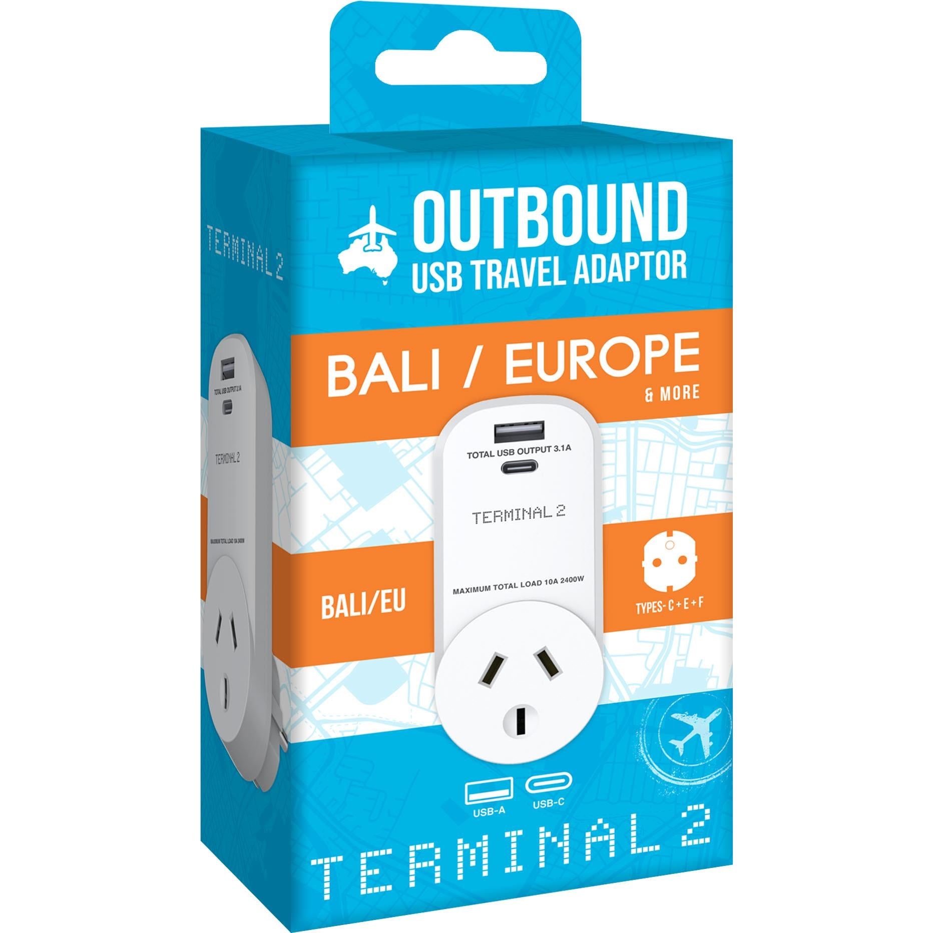 Terminal 2 Outbound Travel Adaptor with 2 USB 3.1 Ports (Europe & Bali)