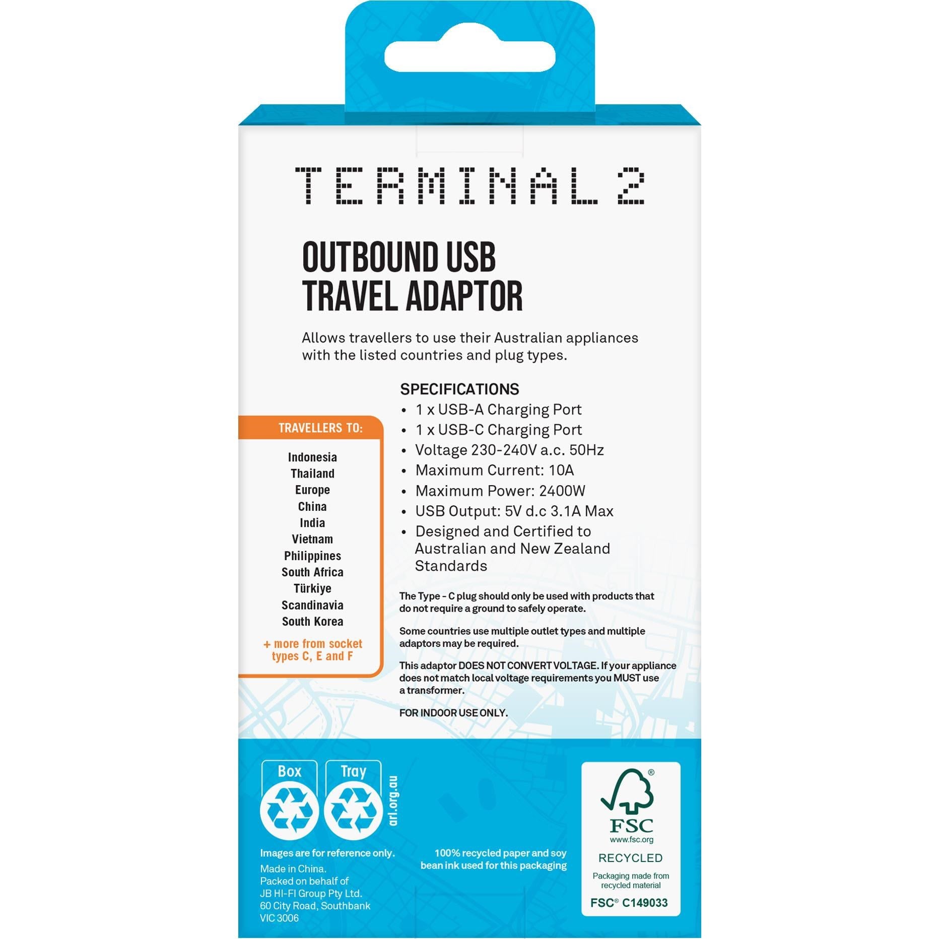 Terminal 2 Outbound Travel Adaptor with 2 USB 3.1 Ports (Europe & Bali)