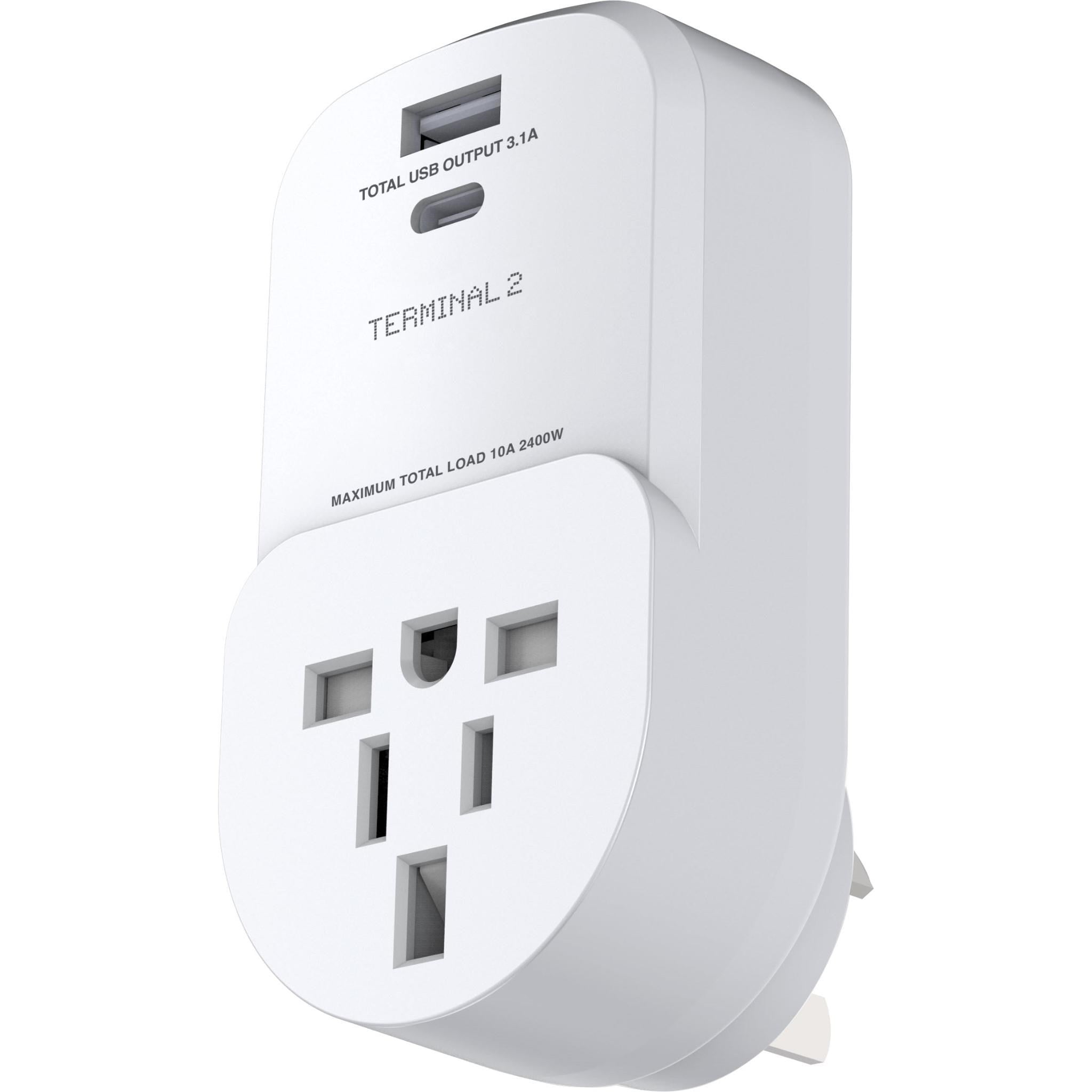 Terminal 2 Inbound Travel Adaptor with USB-A and USB-C Ports Australia V2