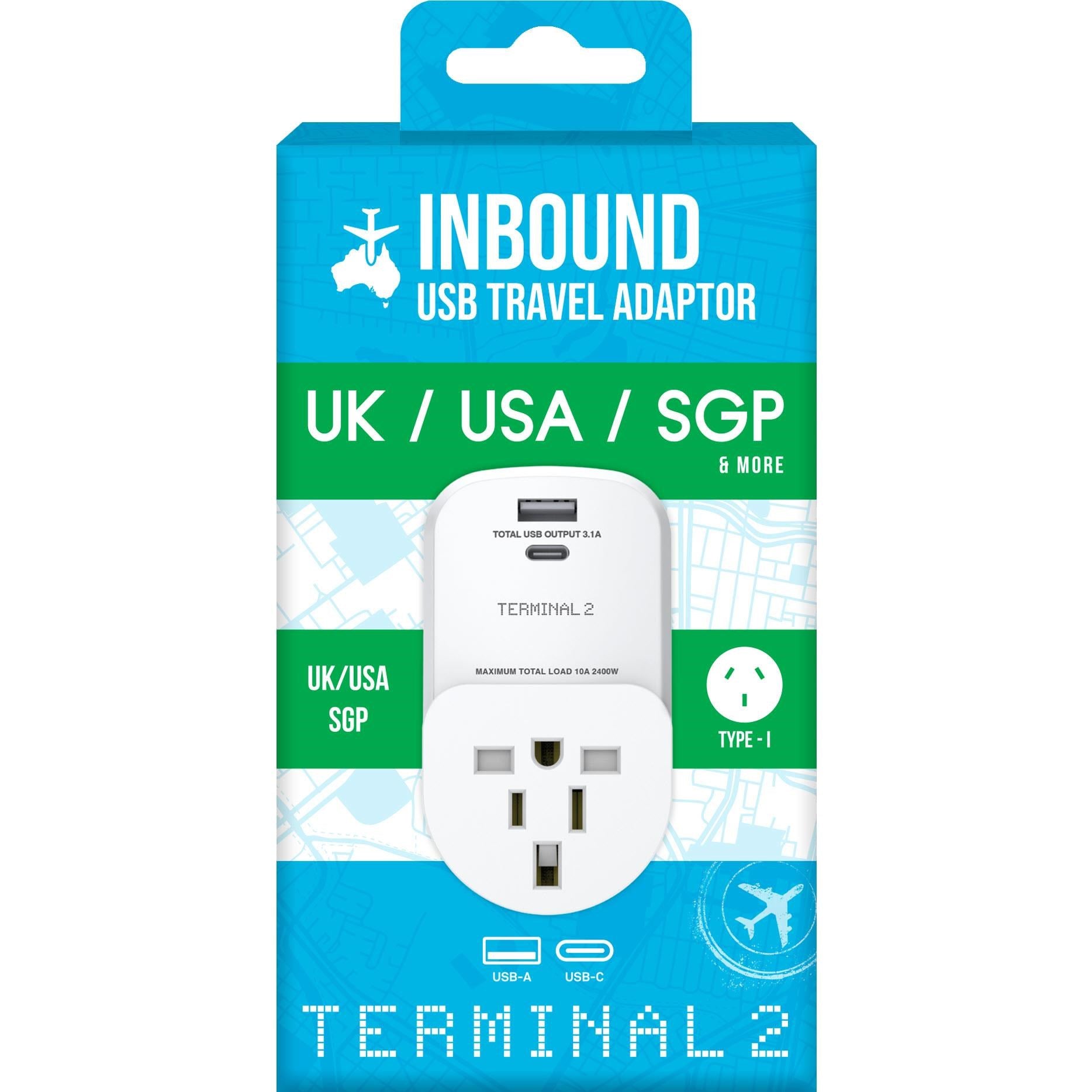 Terminal 2 Inbound Travel Adaptor with USB-A and USB-C Ports Australia V2