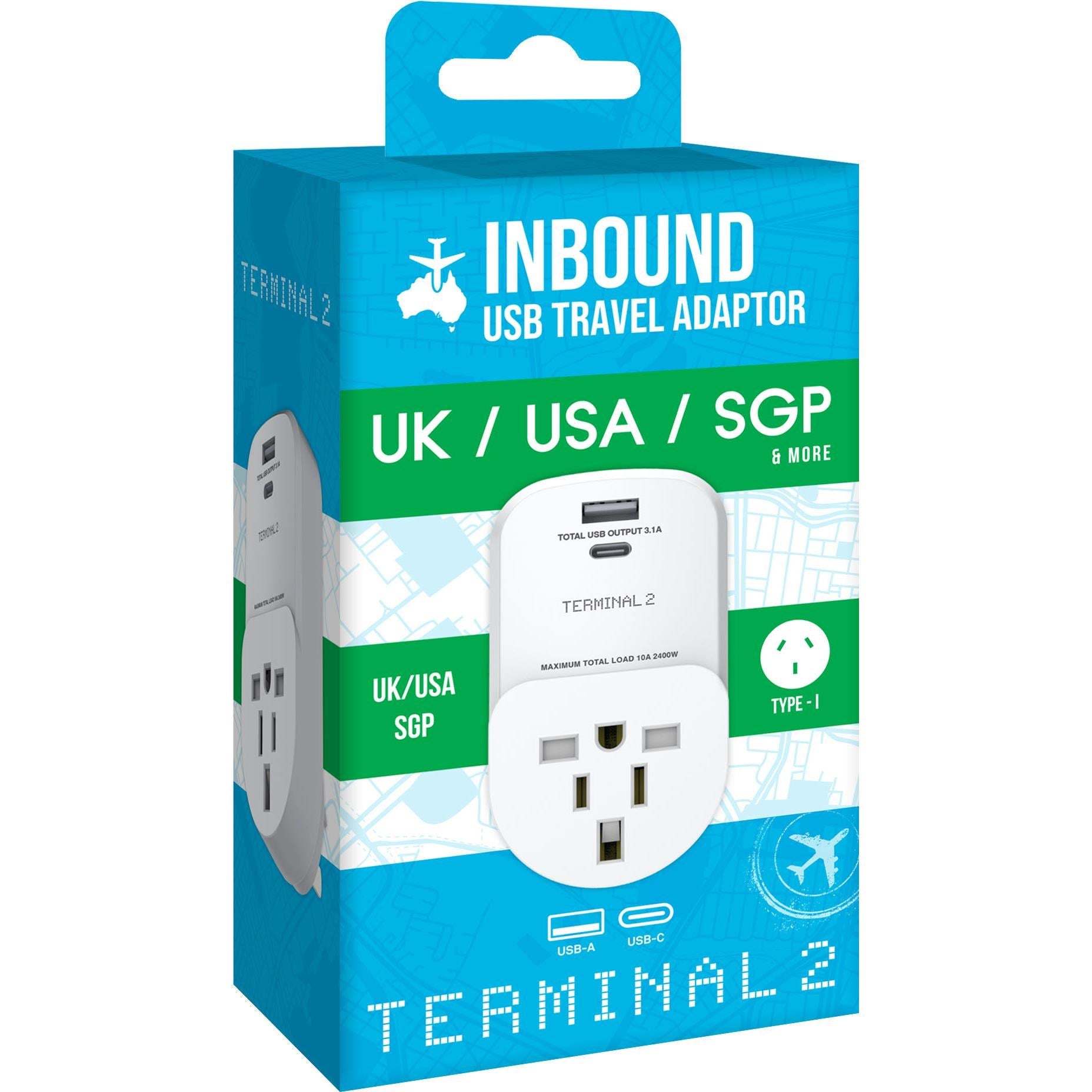 Terminal 2 Inbound Travel Adaptor with USB-A and USB-C Ports Australia V2