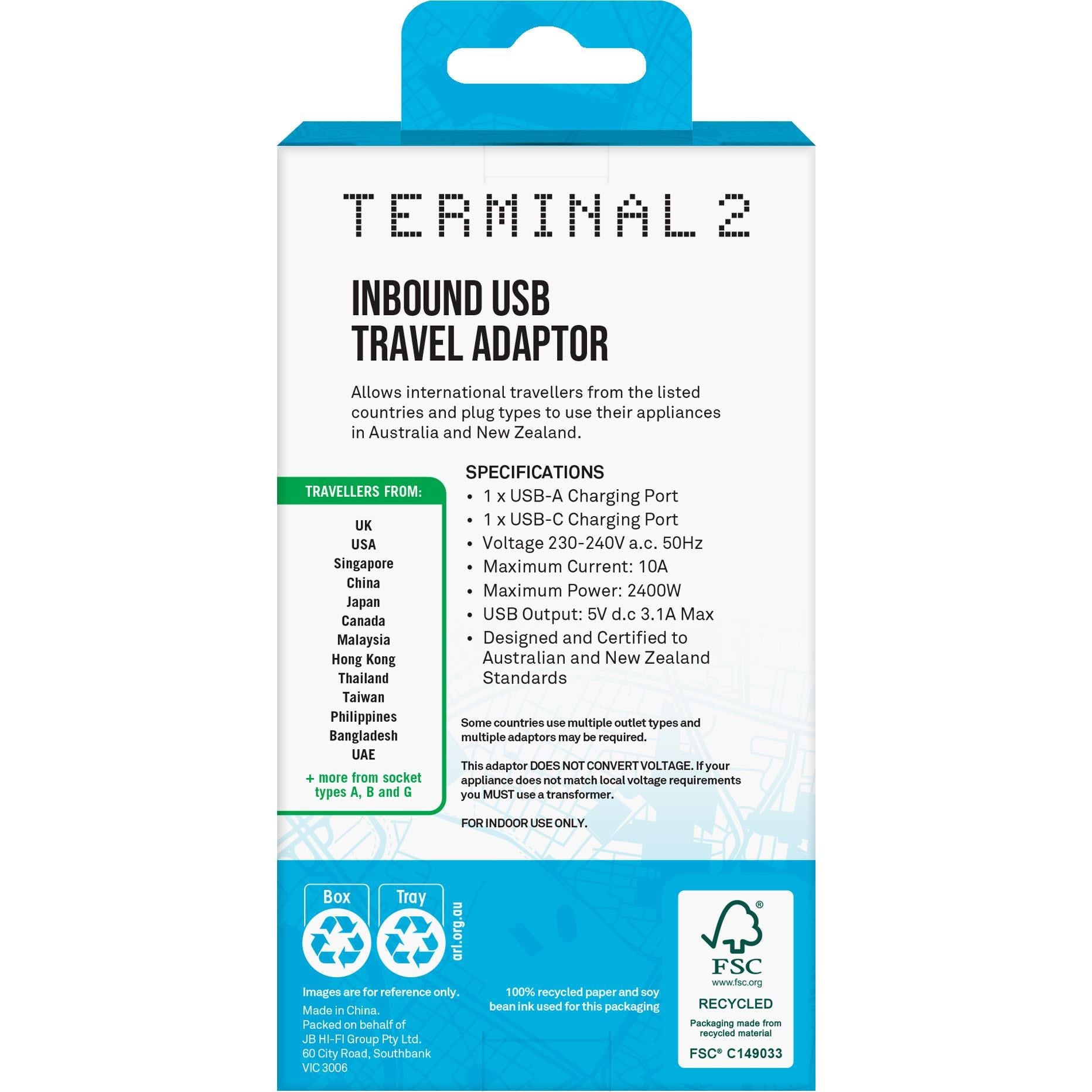 Terminal 2 Inbound Travel Adaptor with USB-A and USB-C Ports Australia V2