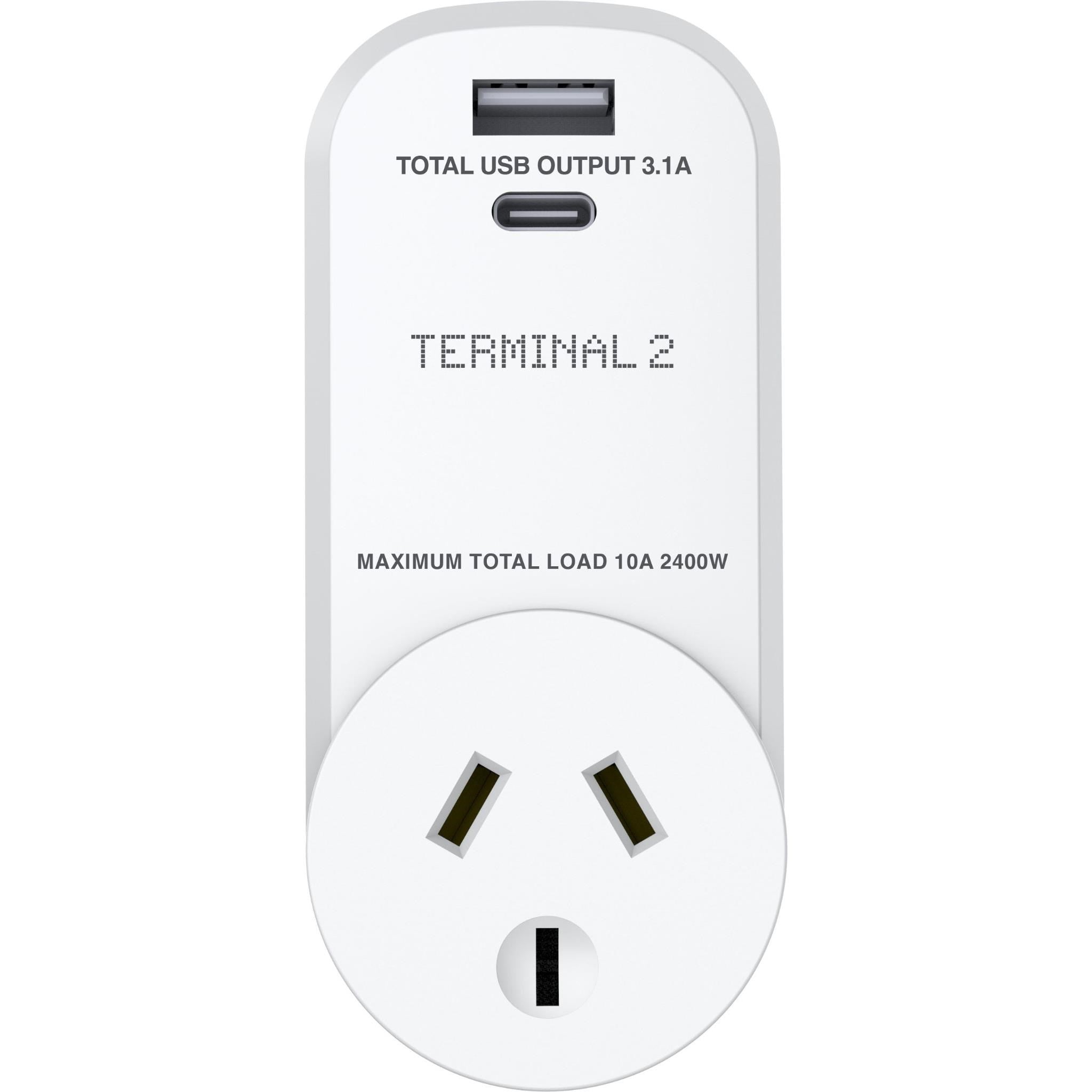 Terminal 2 Outbound Travel Adaptor with USB-A and USB-C Ports USA V2