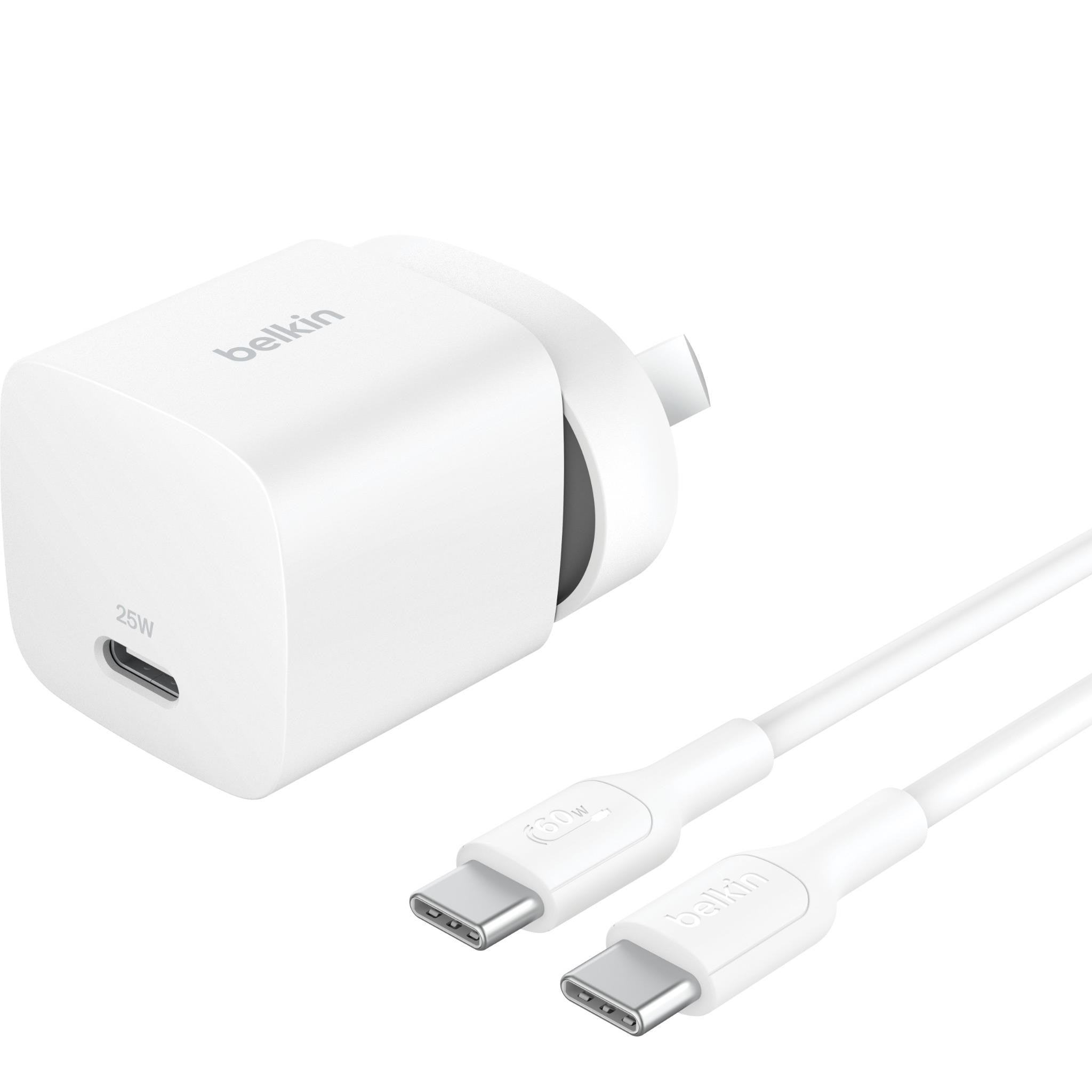 Belkin BoostCharge Compact USB-C Wall Charger 25W with USB-C Cable (White)