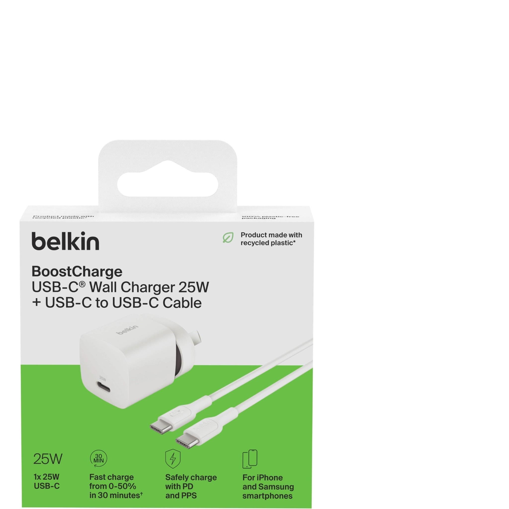 Belkin BoostCharge Compact USB-C Wall Charger 25W with USB-C Cable (White)