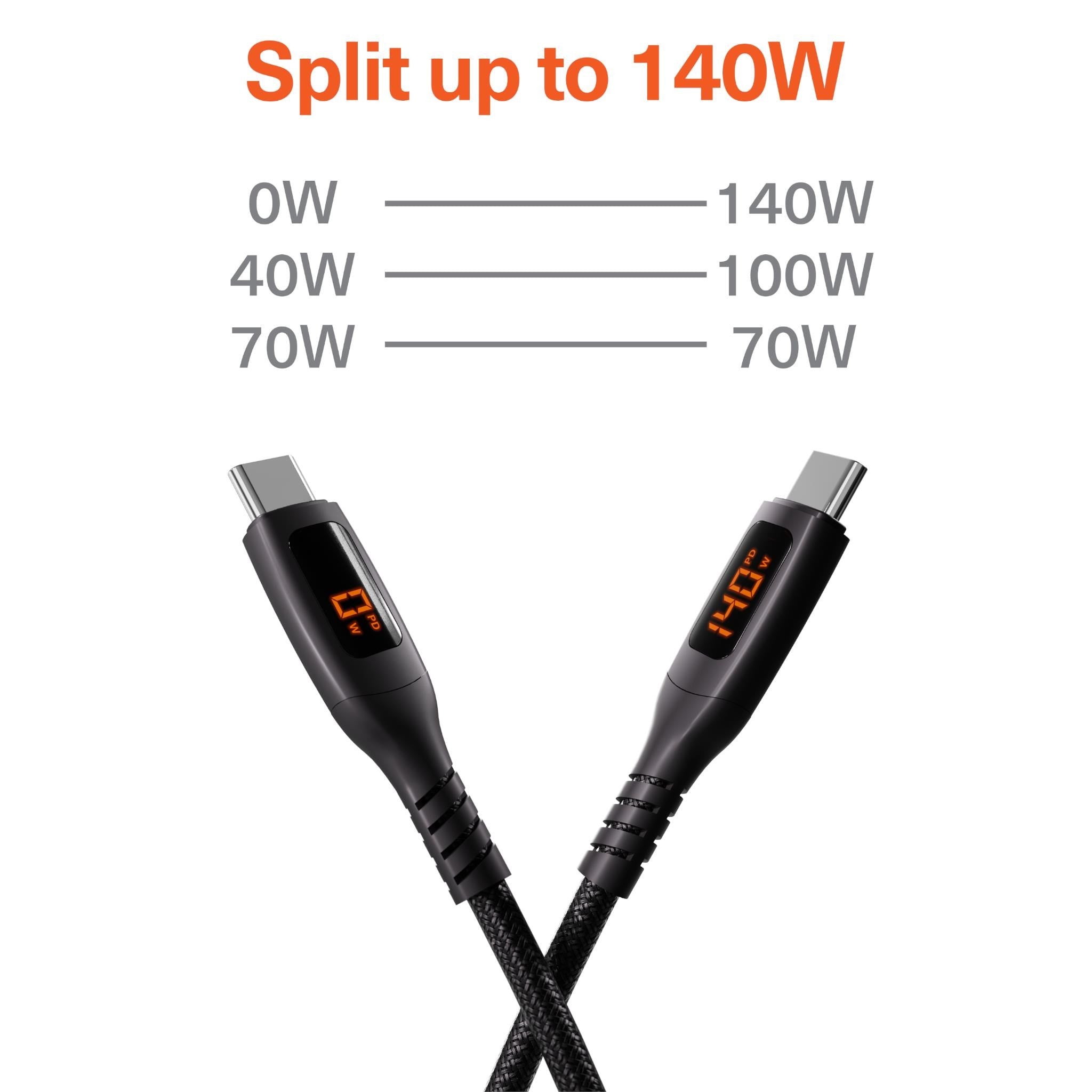 Cygnett Dual USB-C Split LED 140W Cable 1.5m (Black)