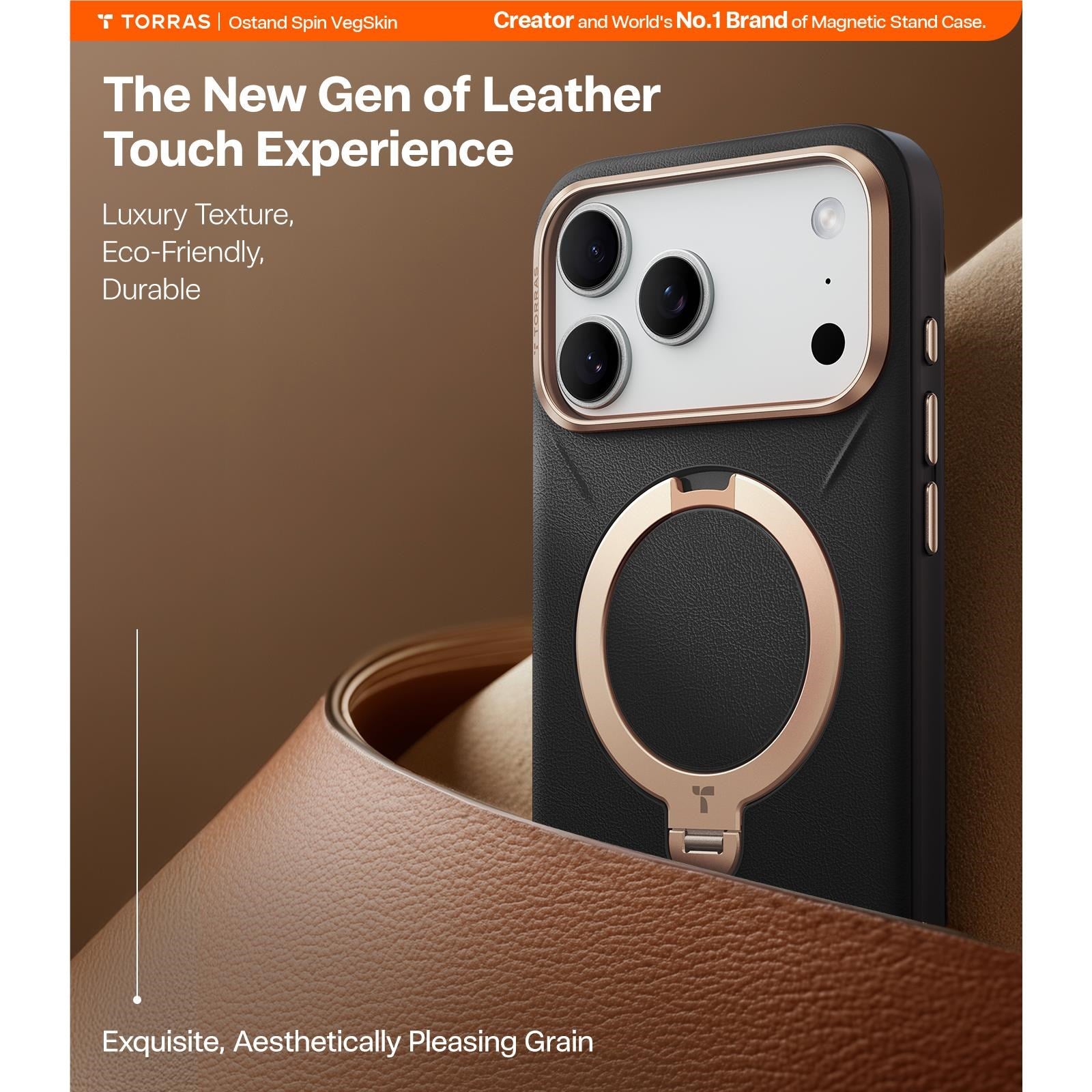 Torras Ostand Spin Vegan Leather Case for iPhone 17 Pro Max (Ivory Black)