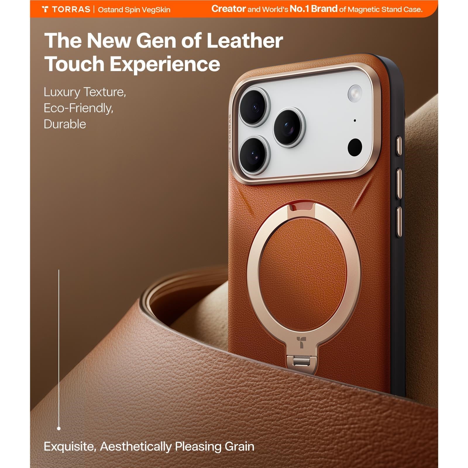 Torras Ostand Spin Vegan Leather Case for iPhone 17 Pro Max (Brown Gold)