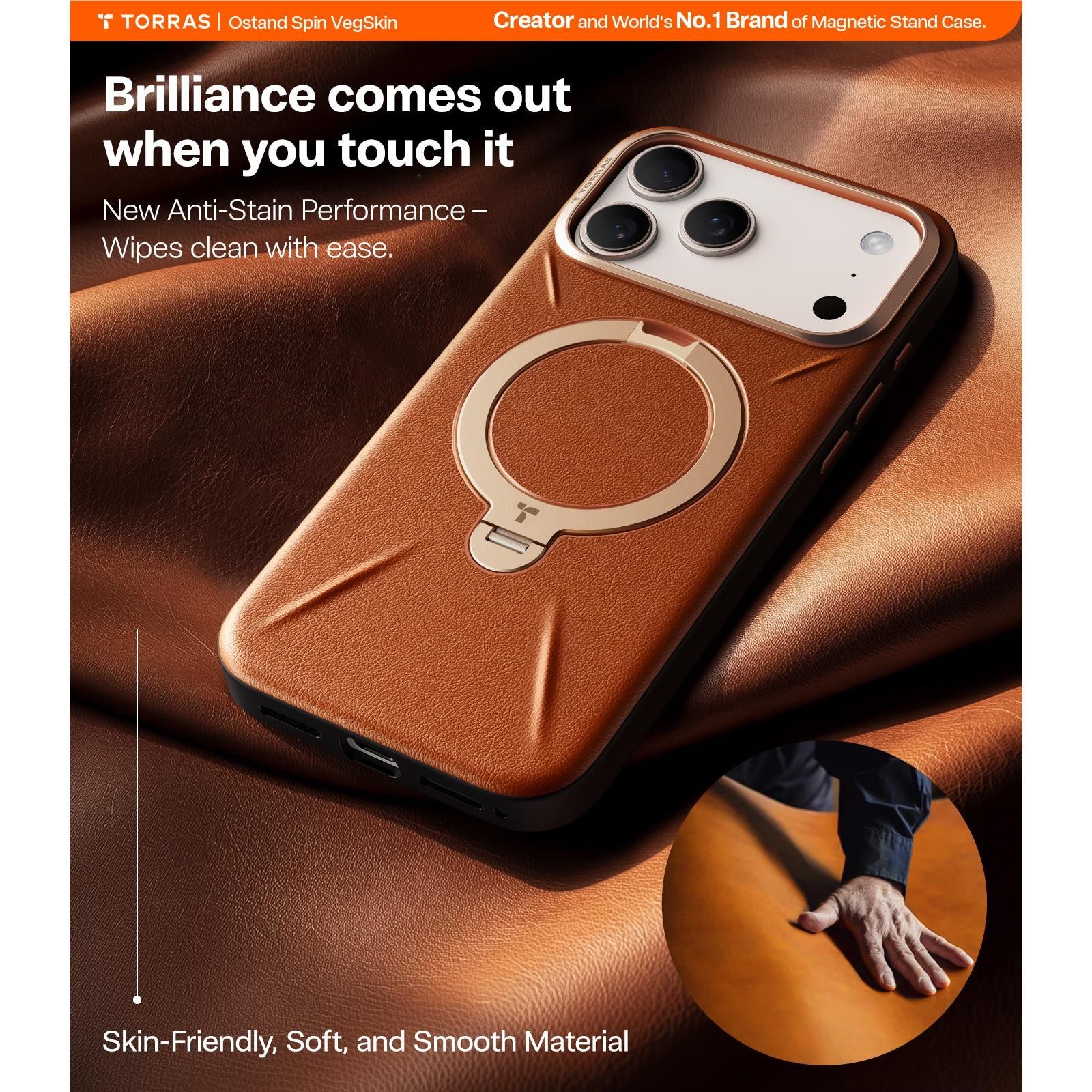 Torras Ostand Spin Vegan Leather Case for iPhone 17 Pro Max (Brown Gold)