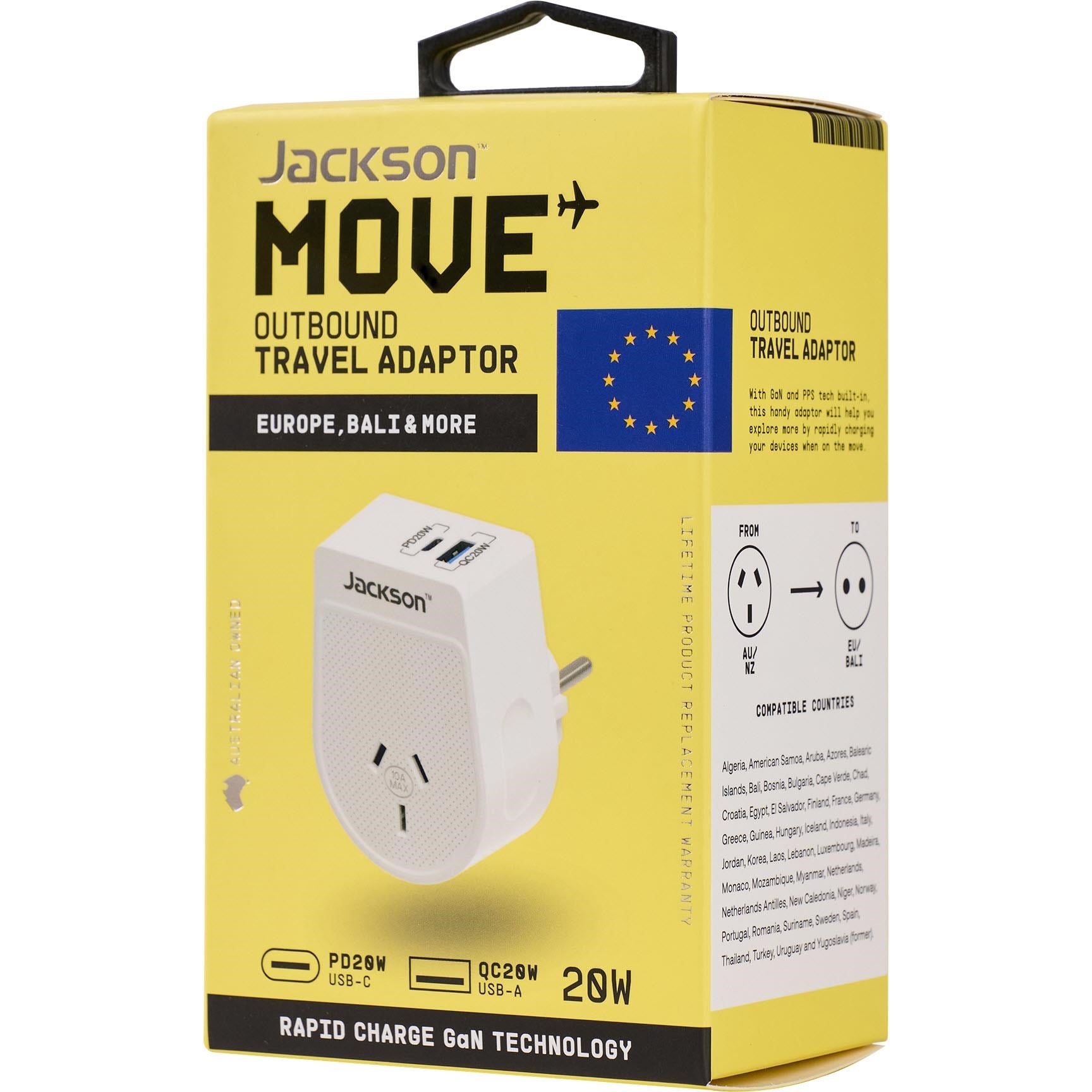 Jackson MOVE Rapid Charge PD20W USB-C/A Outbound Travel Adaptor for Europe, Bali & More