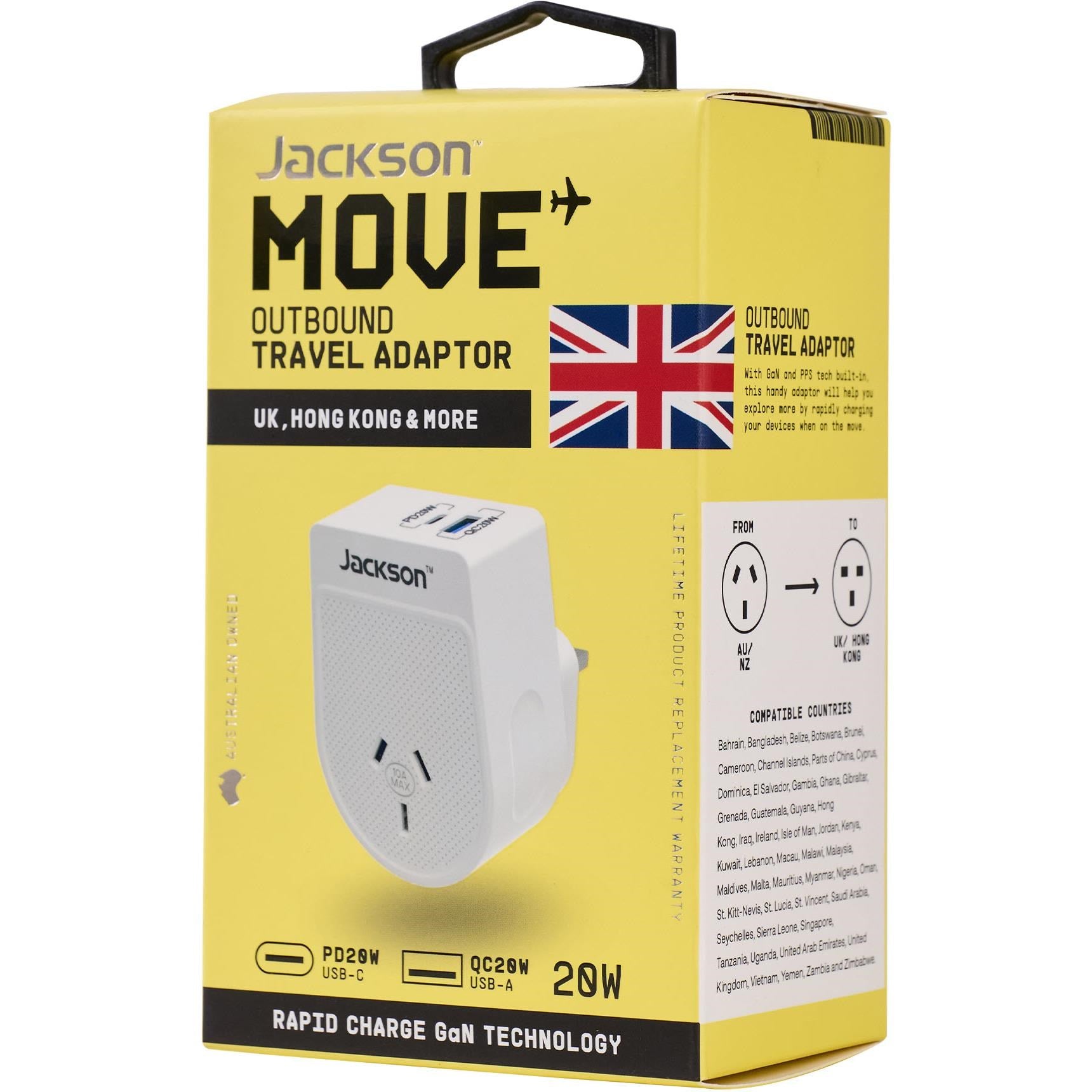 Jackson MOVE Rapid Charge PD20W USB-C/A Outbound Travel Adaptor for UK. HK & More