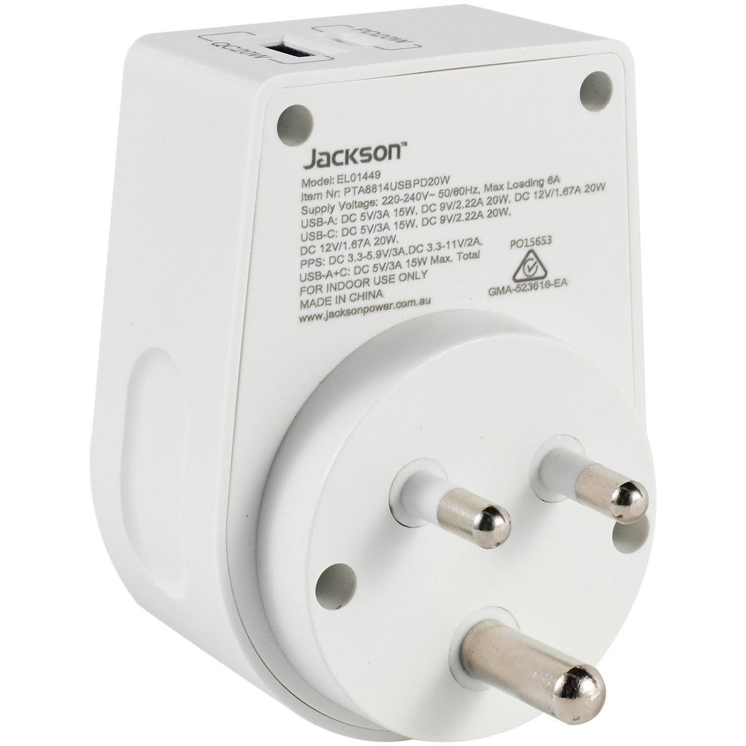 Jackson MOVE Rapid Charge PD20W USB-C/A Outbound Travel Adaptor for India. Sri Lanka & More