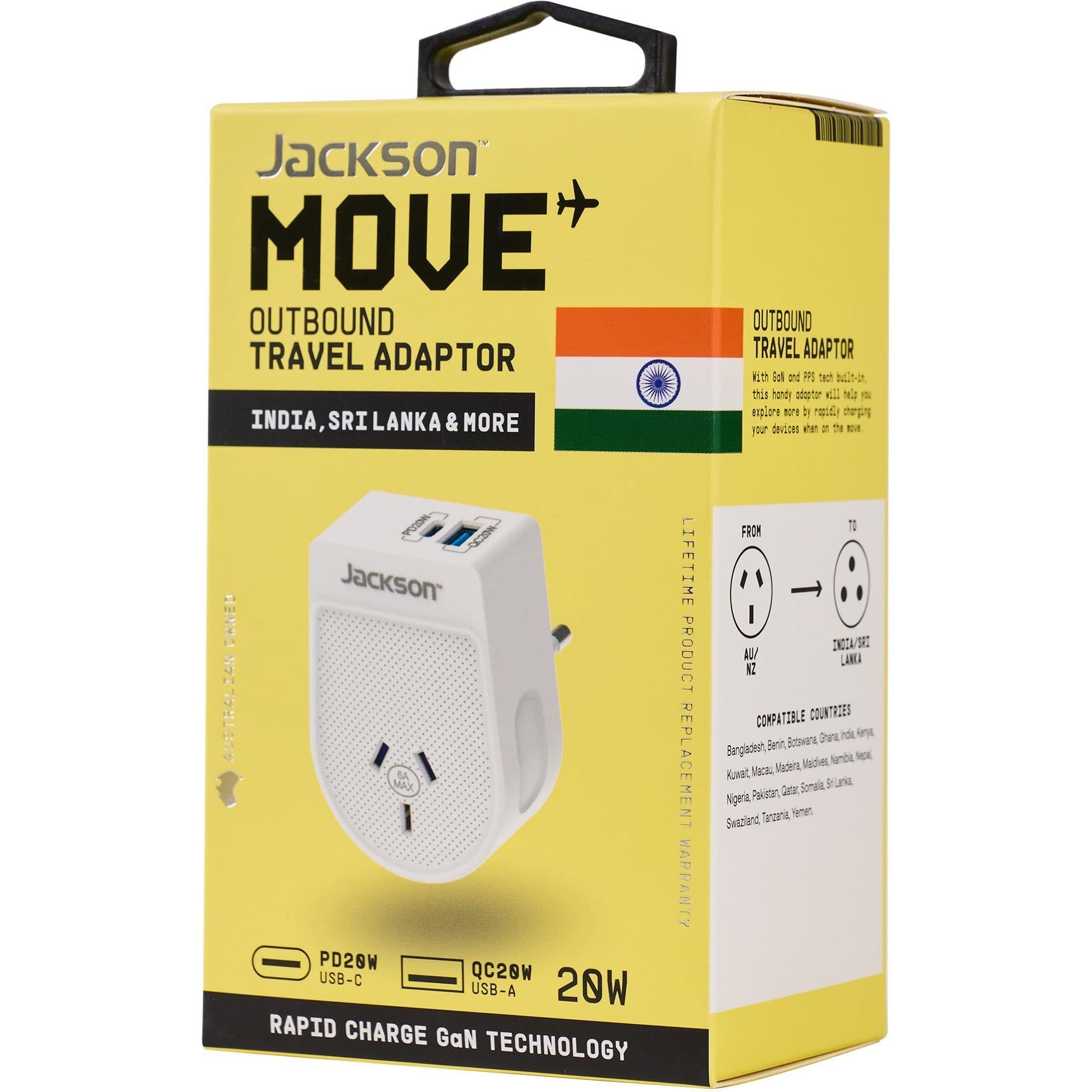 Jackson MOVE Rapid Charge PD20W USB-C/A Outbound Travel Adaptor for India. Sri Lanka & More