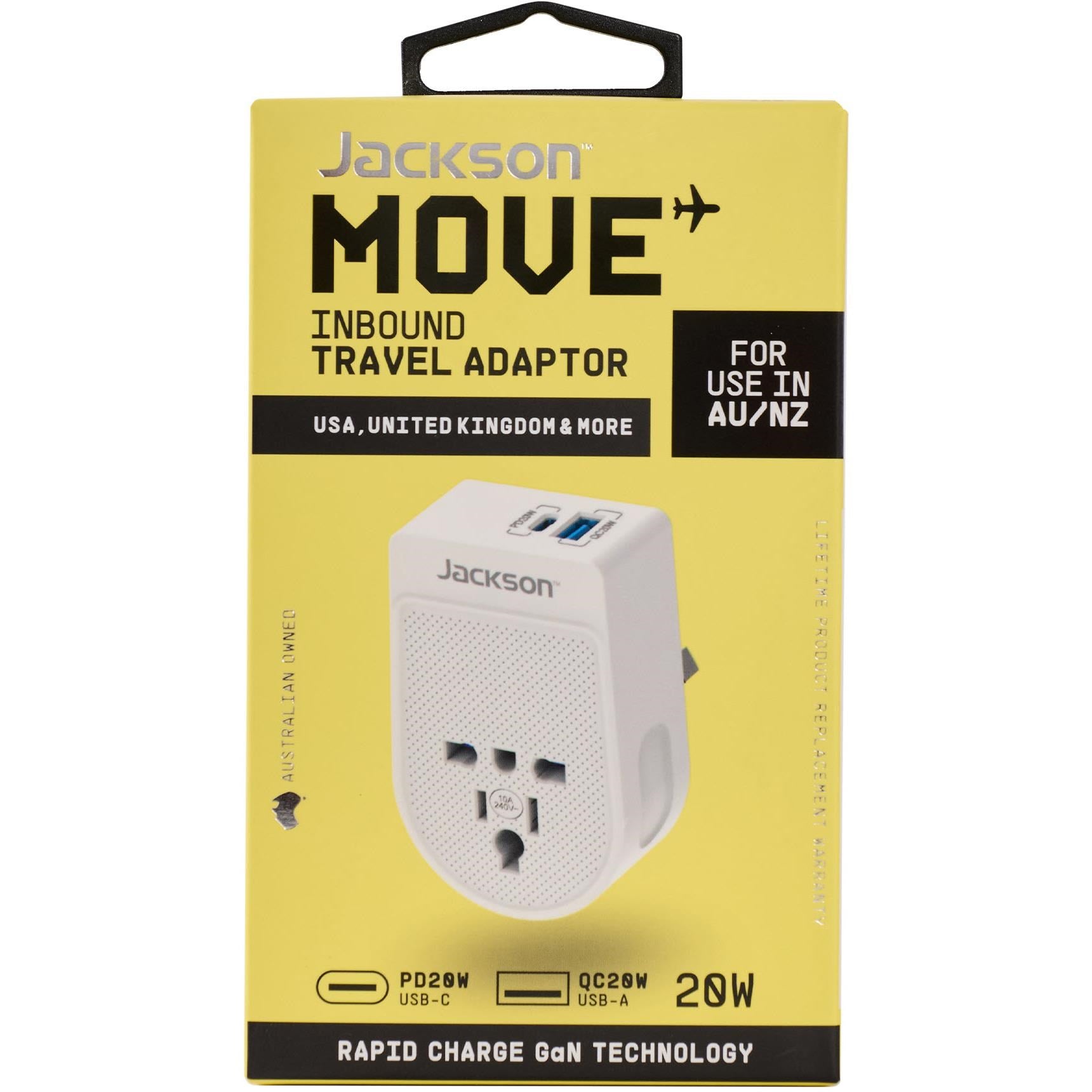Jackson MOVE Rapid Charge PD20W USB-C/A Inbound Travel Adaptor for USA & UK