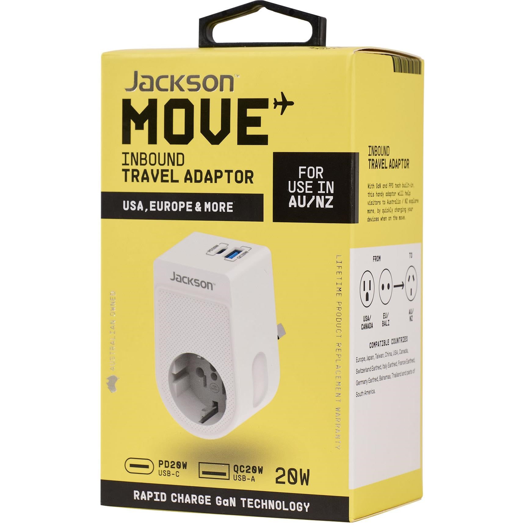 Jackson MOVE Rapid Charge PD20W USB-C/A Inbound Travel Adaptor for USA & EU