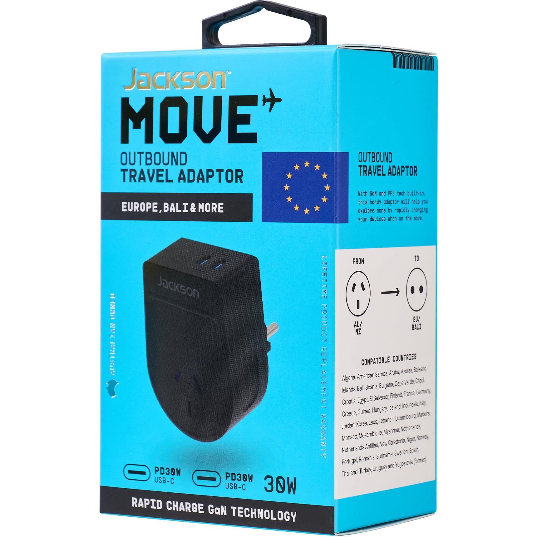 Jackson MOVE Rapid Charge PD30W USB-C Outbound Travel Adaptor for Europe. Bali & More