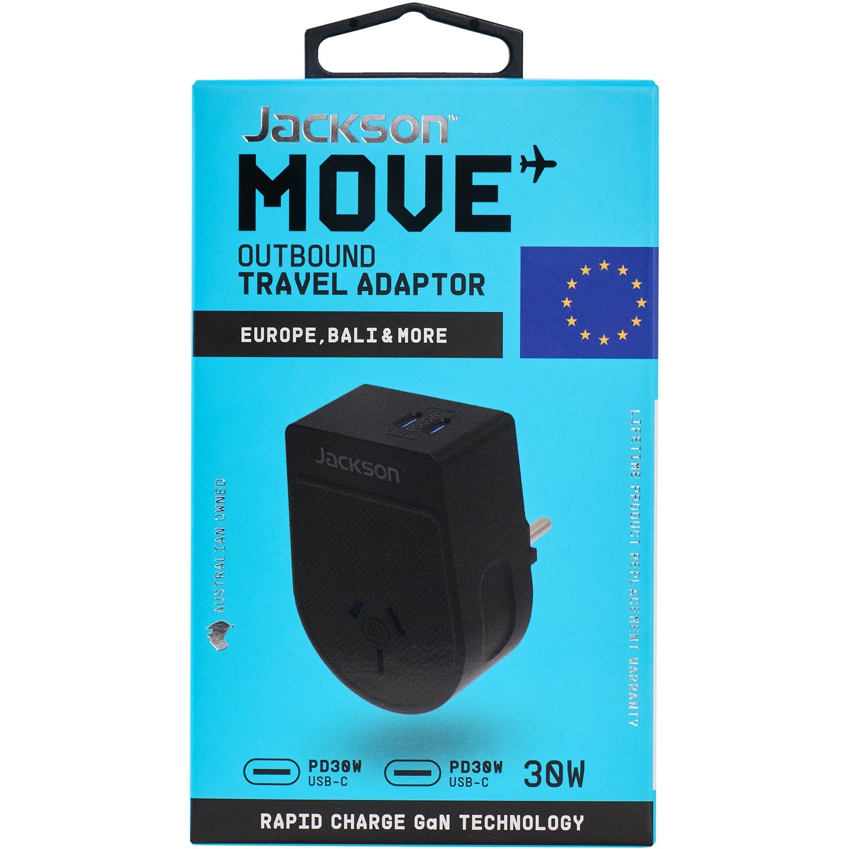Jackson MOVE Rapid Charge PD30W USB-C Outbound Travel Adaptor for Europe. Bali & More