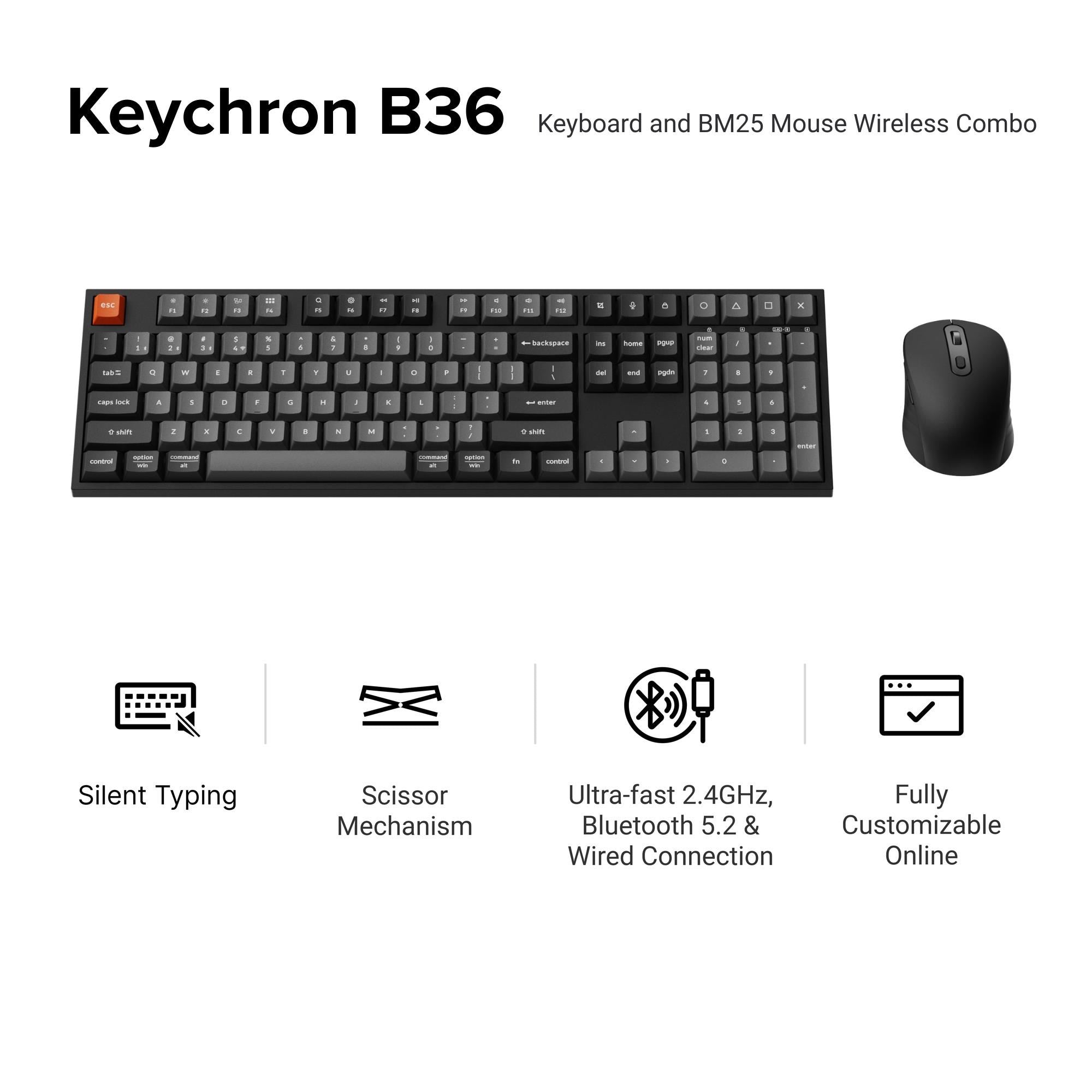 Keychron B36 Silent Keyboard and BM25 Silent Mouse Wireless Combo (Classic Black)