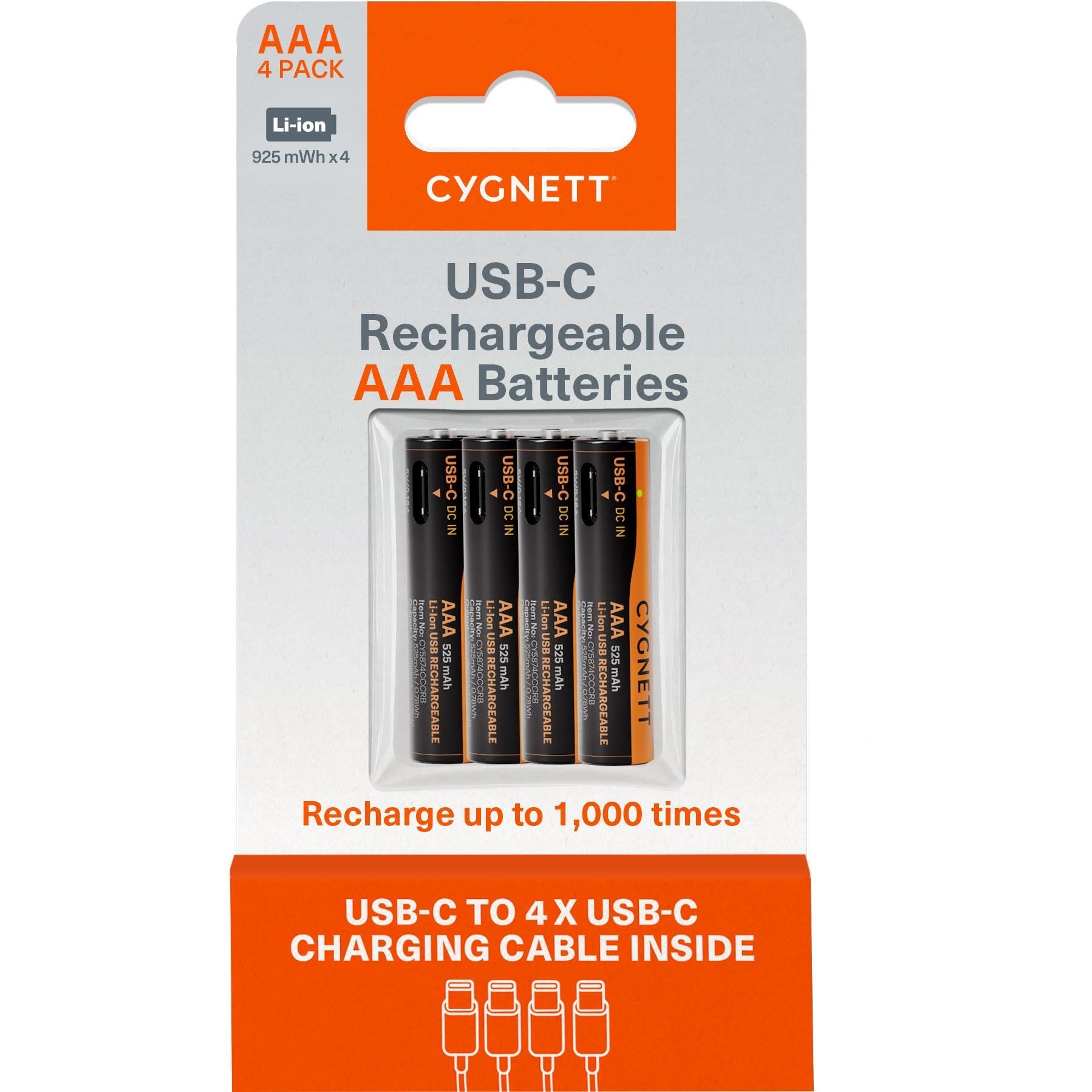 Cygnett AAA USB-C Rechargeable Batteries (4 Pack)