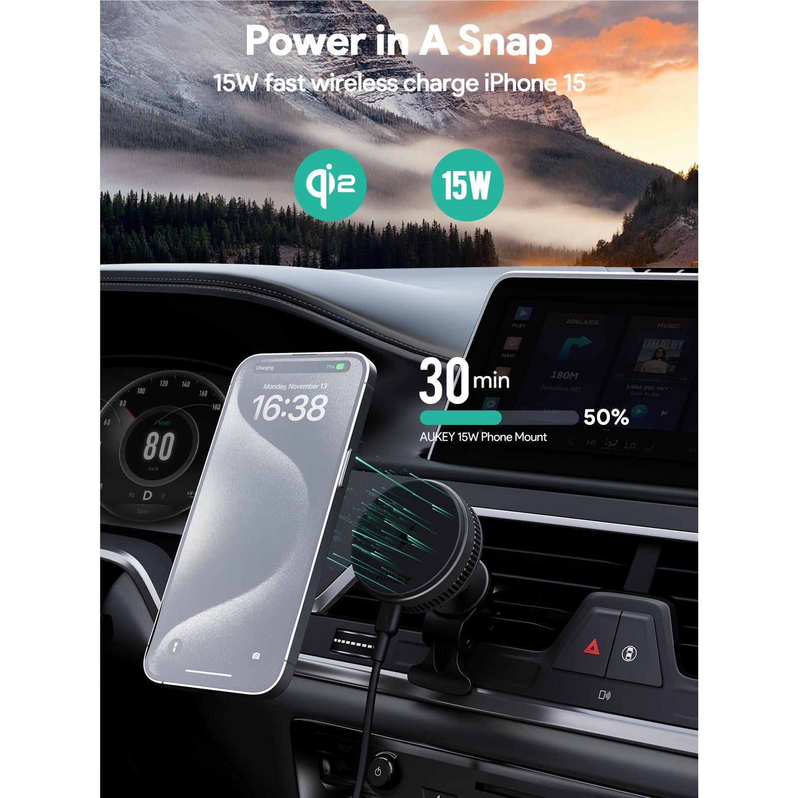 Aukey MagFusion Dash Pro Qi2 Fast Wireless Charging Phone Mount with Active Cooling