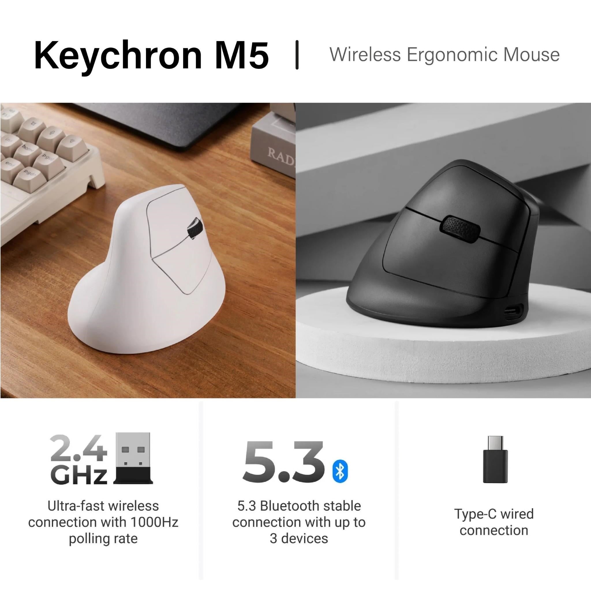 Keychron M5 PixArt 3950 8K Polling Rate Wireless Ergonomic Mouse (White)