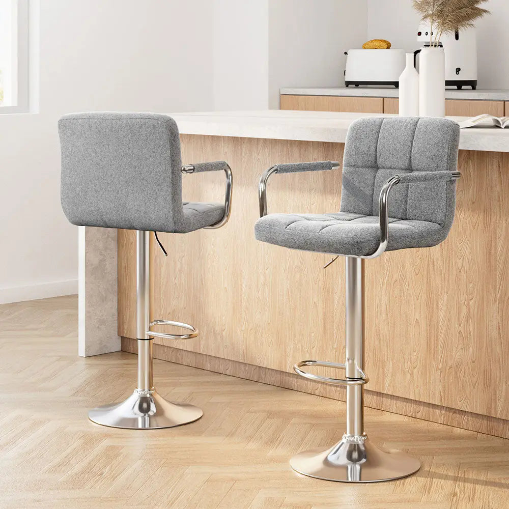 Artiss 2x Bar Stools Fabric Gas Lift w/Armrest Grey