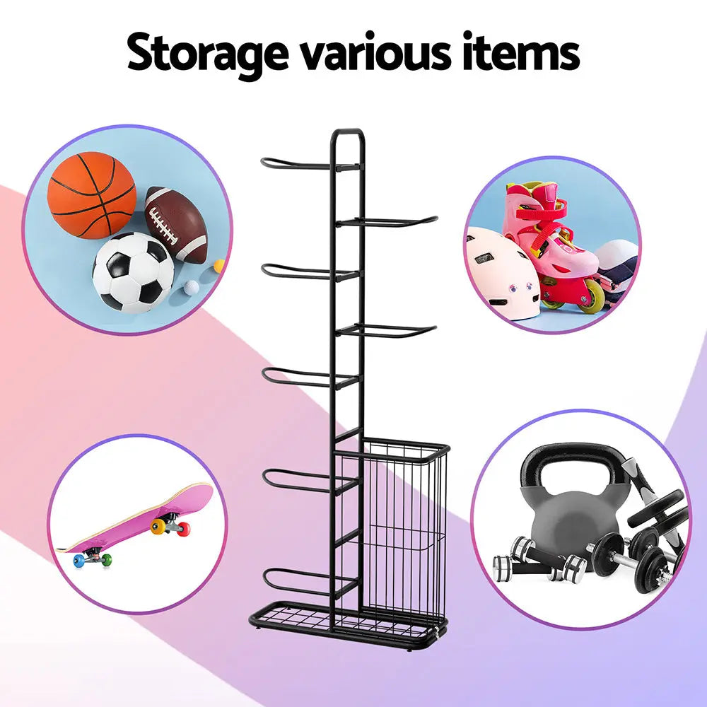 Everfit Ball Storage Rack Sports Equipment Organizer 7-Tier with Basket for Garage Gym Black Wholesale Hub