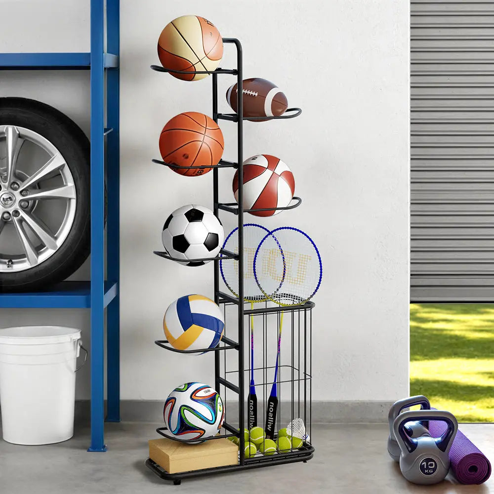 Everfit Ball Storage Rack Sports Equipment Organizer 7-Tier with Basket for Garage Gym Black Wholesale Hub