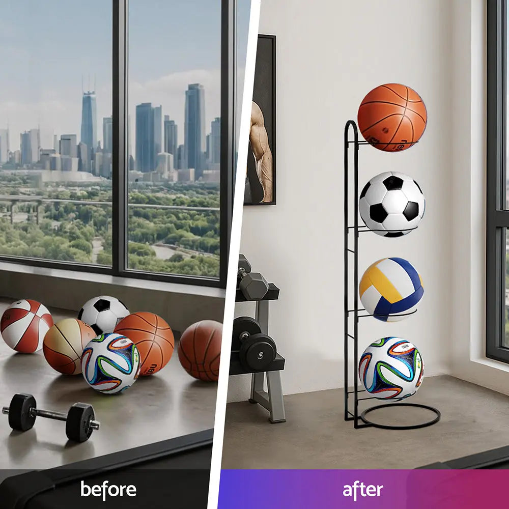 Everfit Ball Storage Rack Sports Equipment Organizer 4-Tier Holder for Garage Gym Black Wholesale Hub