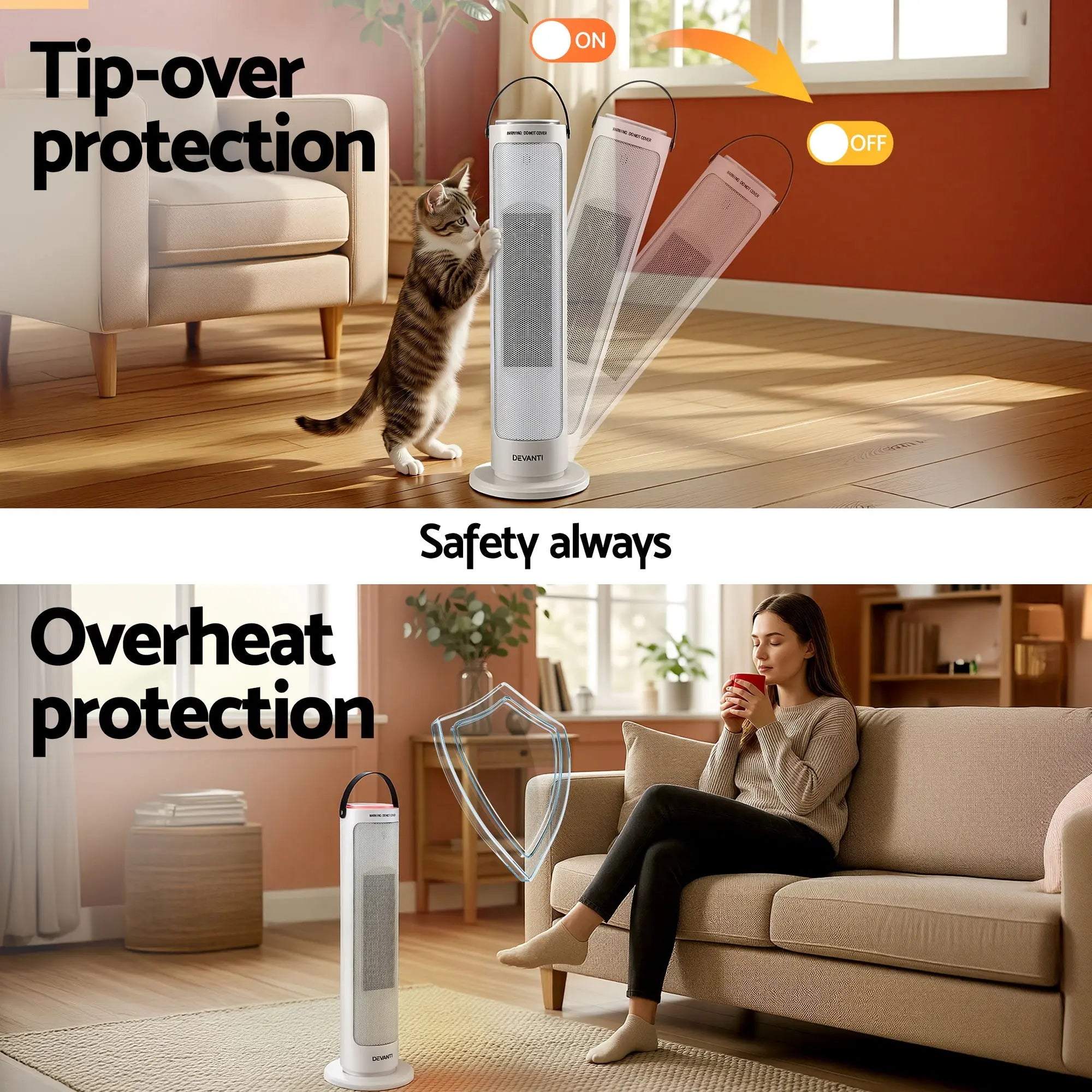 Devanti 2000W Ceramic Tower Heater Space Heaters Oscillating Indoor White Wholesale Hub