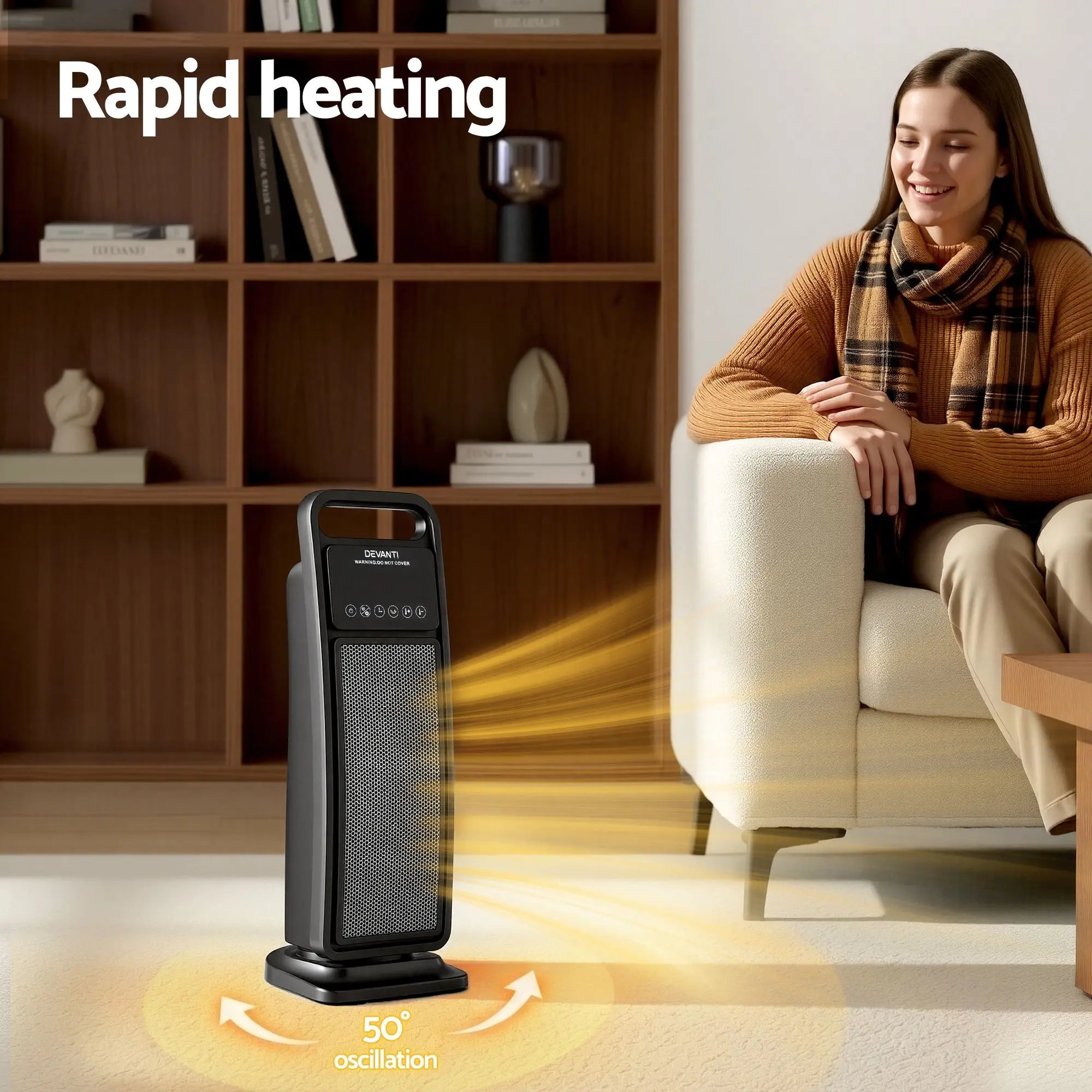 Devanti 2000W Ceramic Tower Heater Space Heaters Indoor Oscillating Black Wholesale Hub