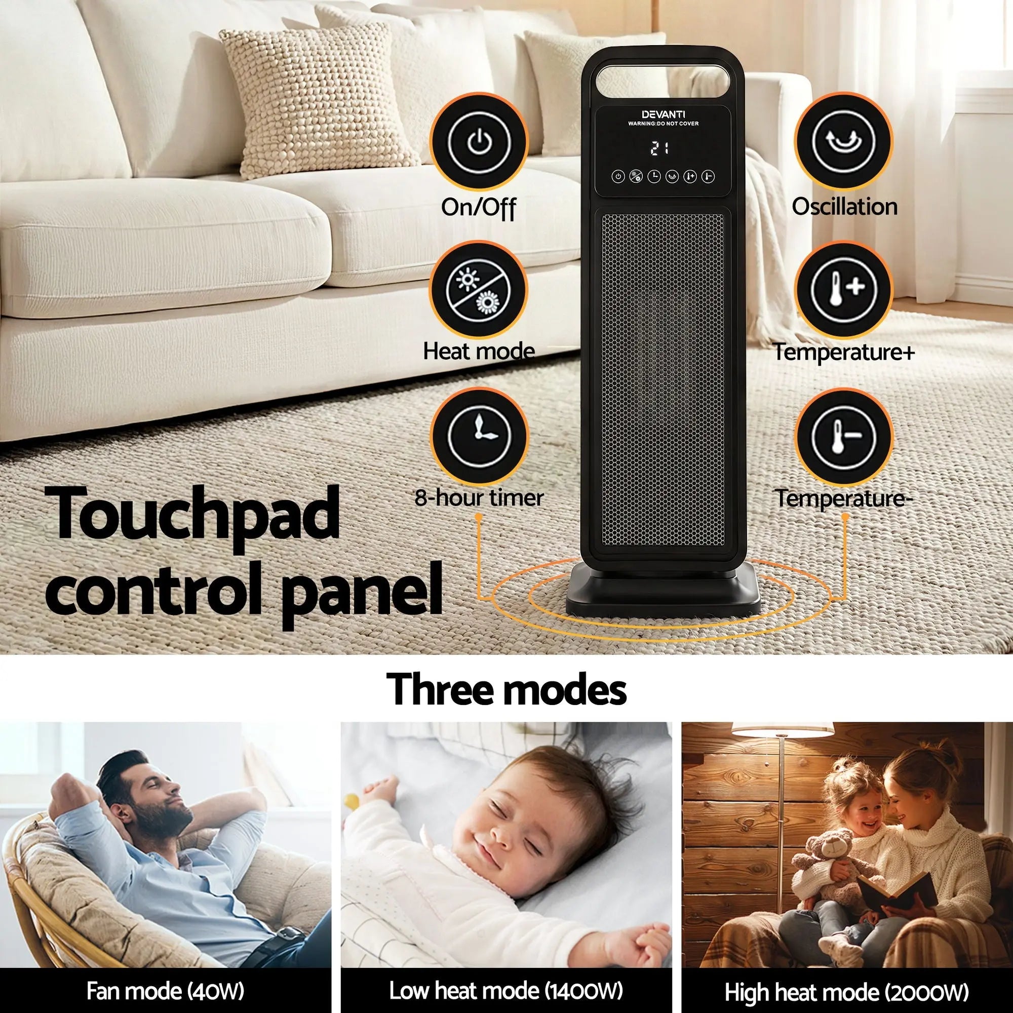 Devanti 2000W Ceramic Tower Heater Space Heaters Indoor Oscillating Black Wholesale Hub