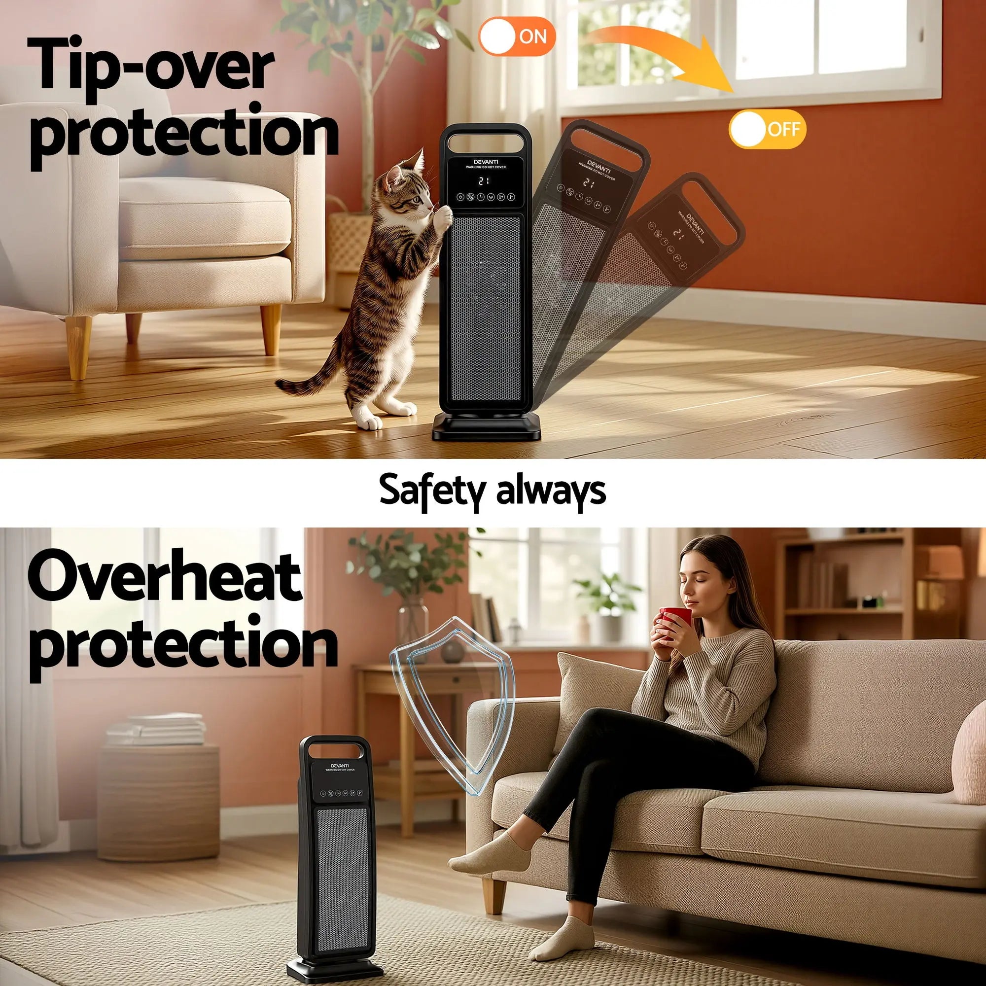 Devanti 2000W Ceramic Tower Heater Space Heaters Indoor Oscillating Black Wholesale Hub