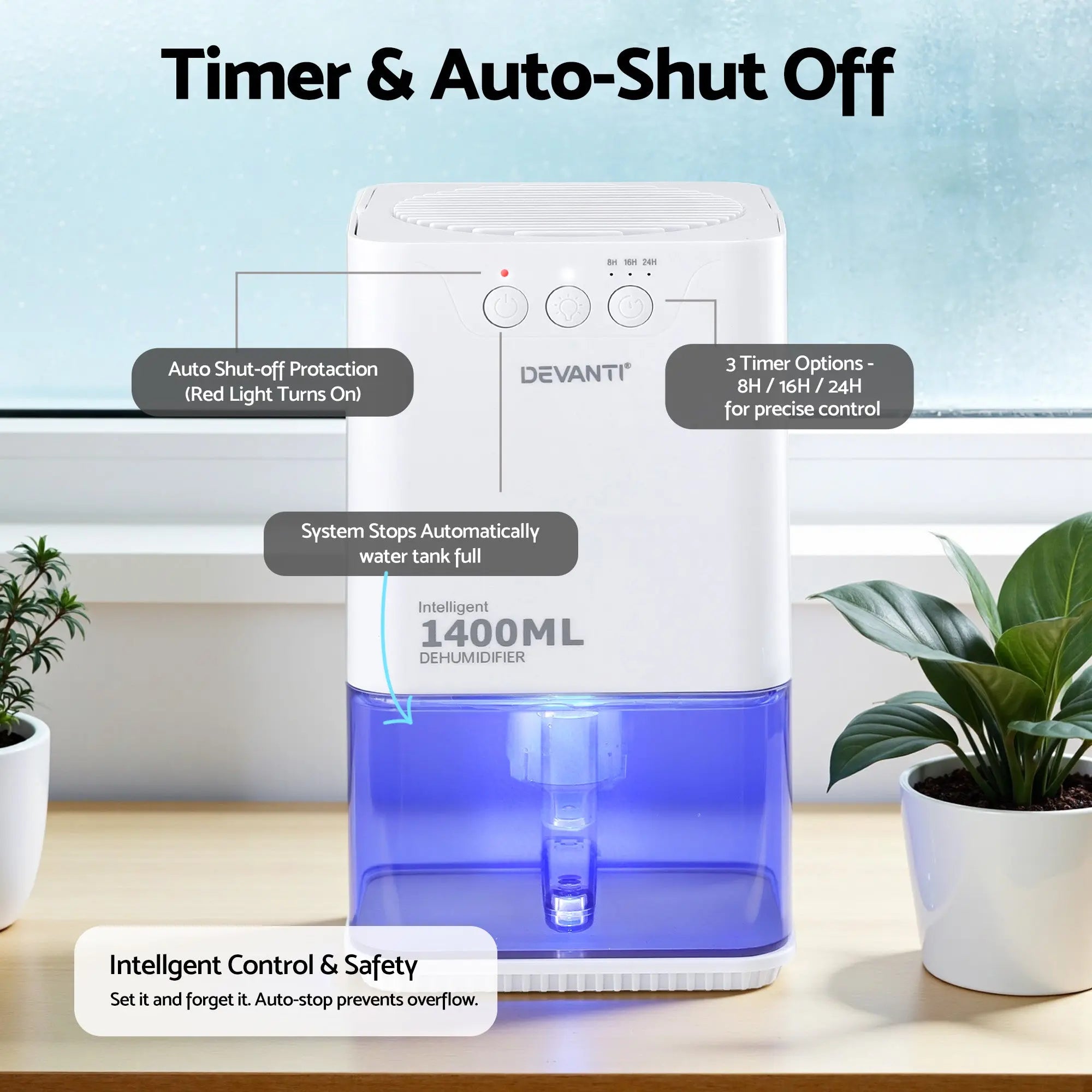 Devanti 1400ML Portable Dehumidifier Quiet Sleep Mode Timer Auto Off Bedroom White Wholesale Hub