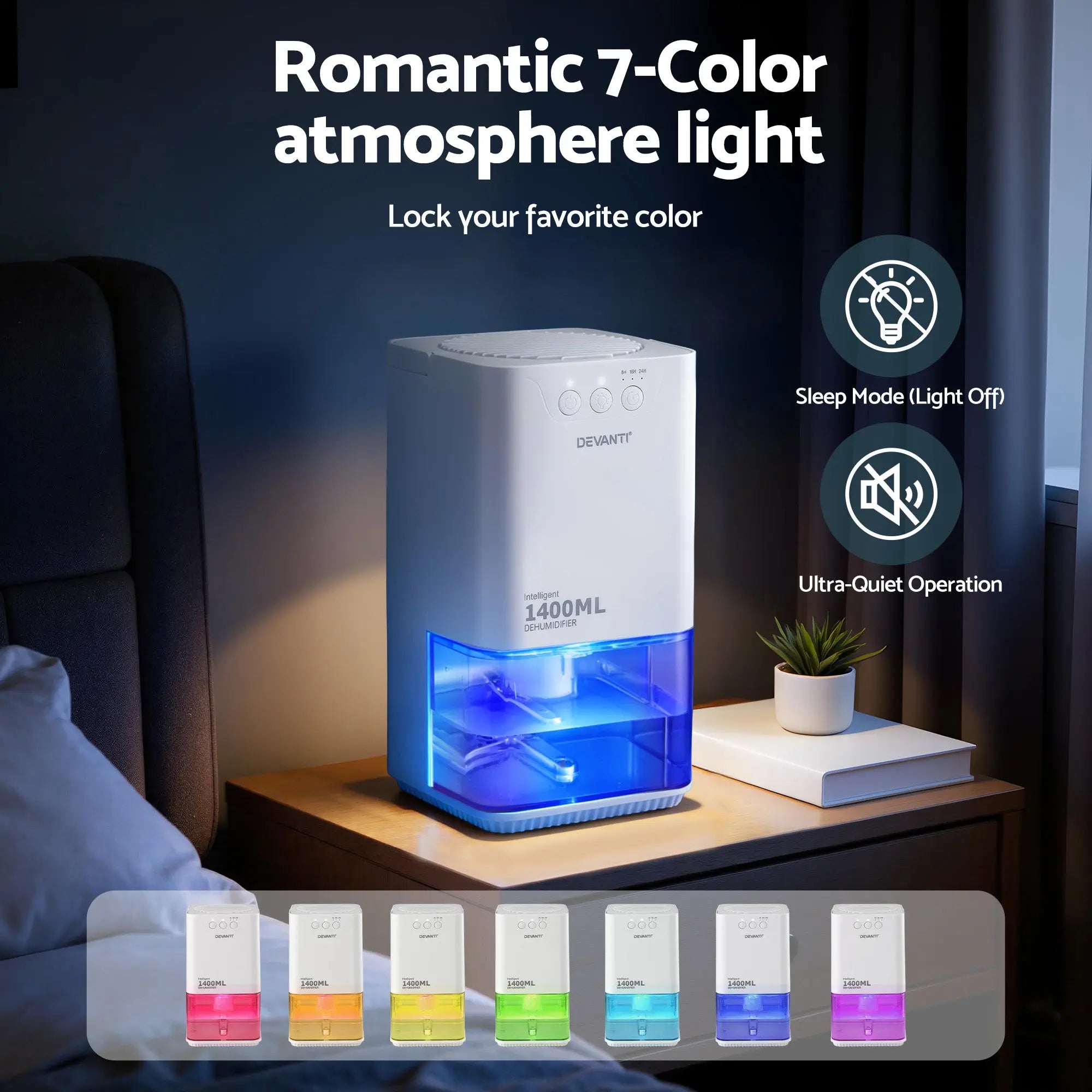 Devanti 1400ML Portable Dehumidifier Quiet Sleep Mode Timer Auto Off Bedroom White Wholesale Hub