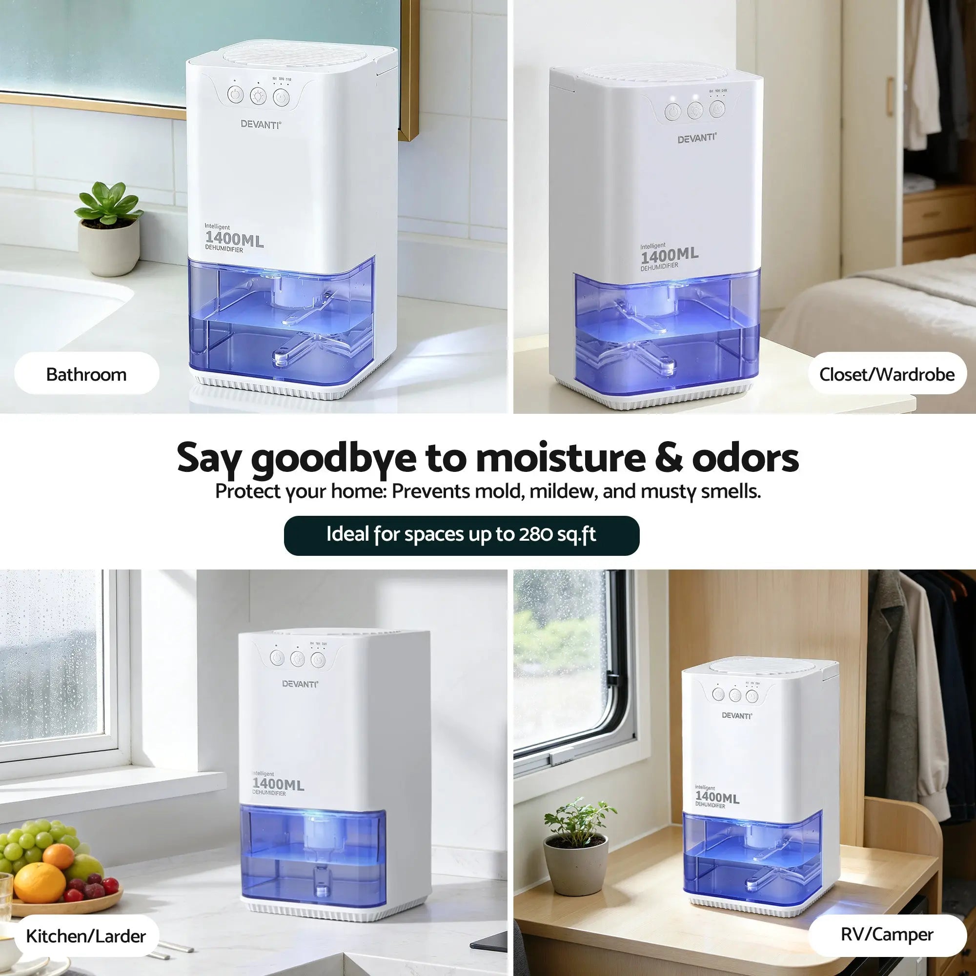 Devanti 1400ML Portable Dehumidifier Quiet Sleep Mode Timer Auto Off Bedroom White Wholesale Hub