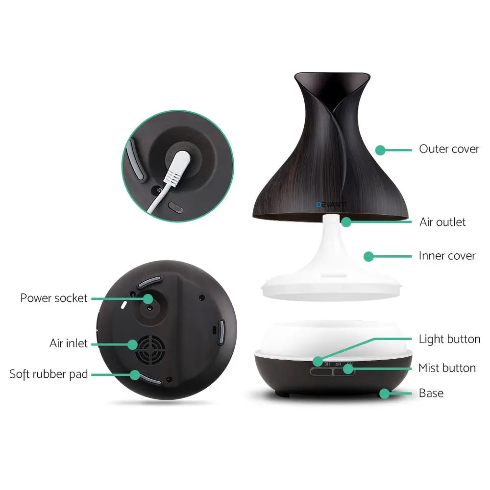 Devanti Aroma Diffuser Aromatherapy Dark Wood 400ml Wholesale Hub