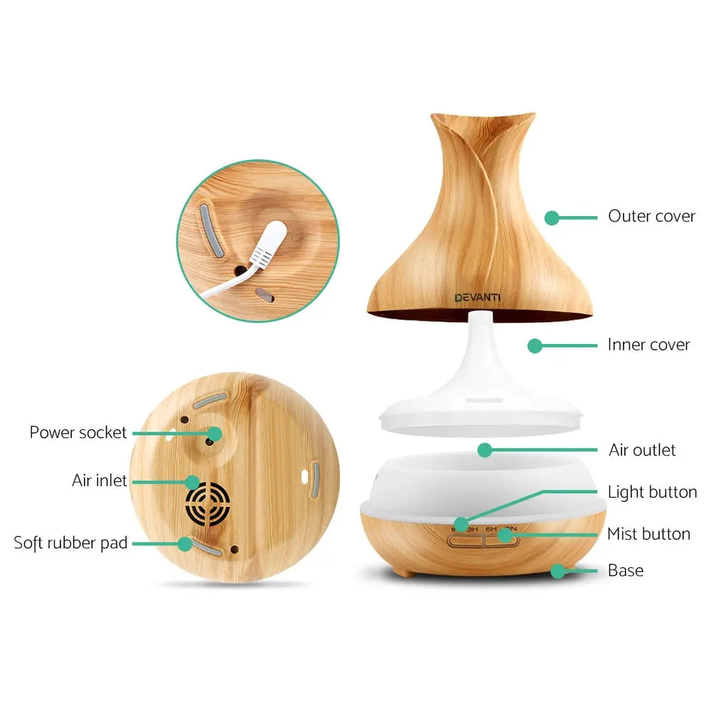 Devanti Aroma Diffuser Aromatherapy Light Wood 400ml Wholesale Hub