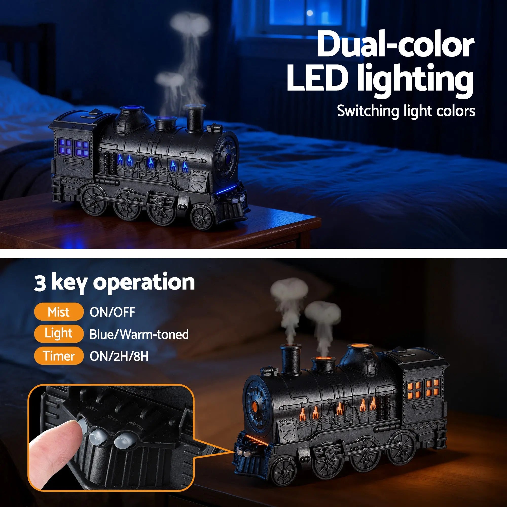 Devanti Train Aroma Diffuser Essential Oil Humidifier 300ml Smoke Ring LED Timer Wholesale Hub